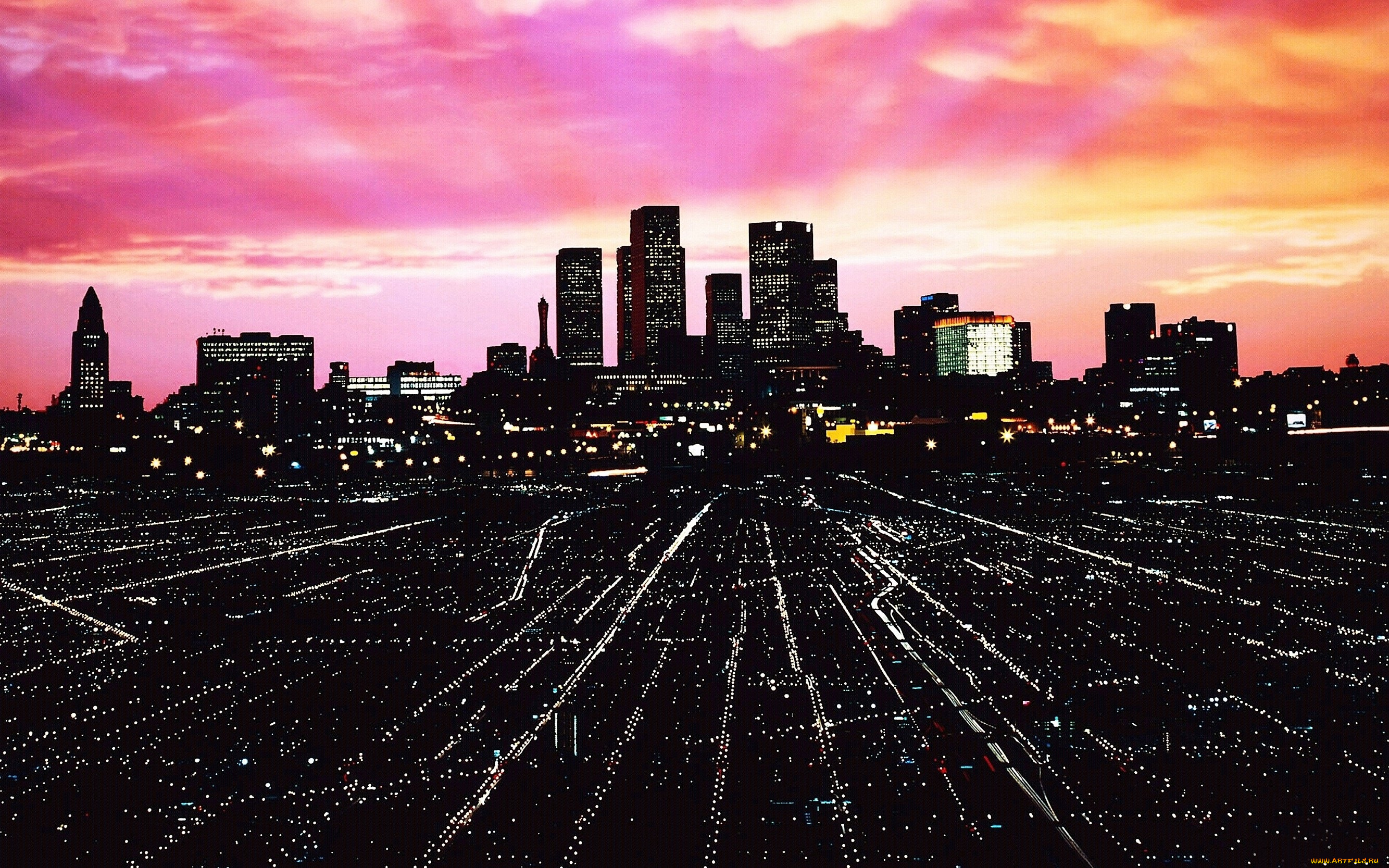 города, лос-анджелес, , сша, закат, панорама, огни