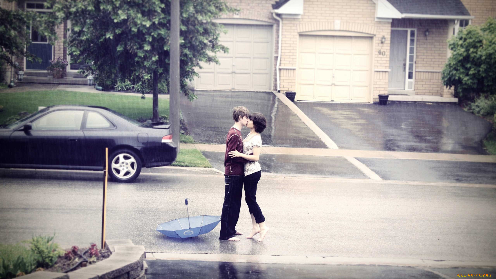 разное, мужчина, женщина, дождь, улица, дорога, зонт, поцелуй
