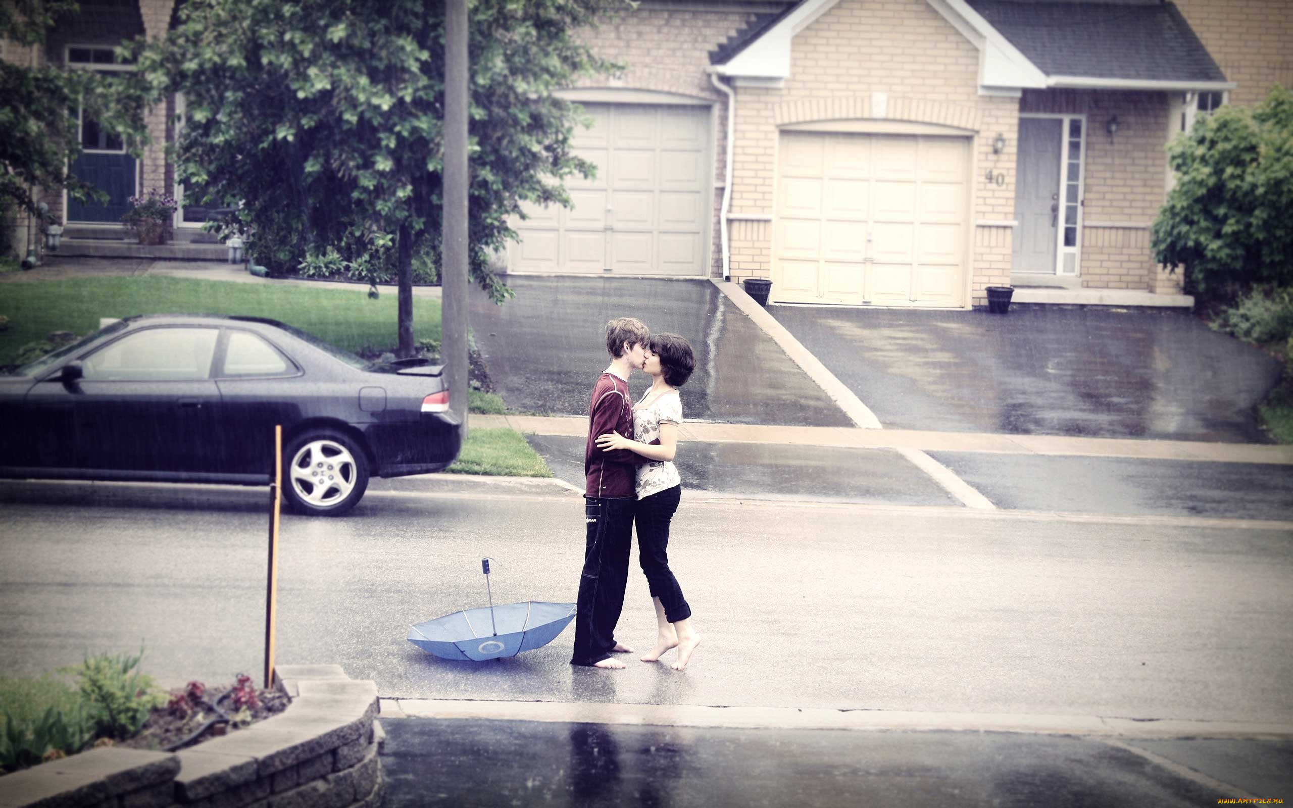 разное, мужчина, женщина, дождь, улица, дорога, зонт, поцелуй