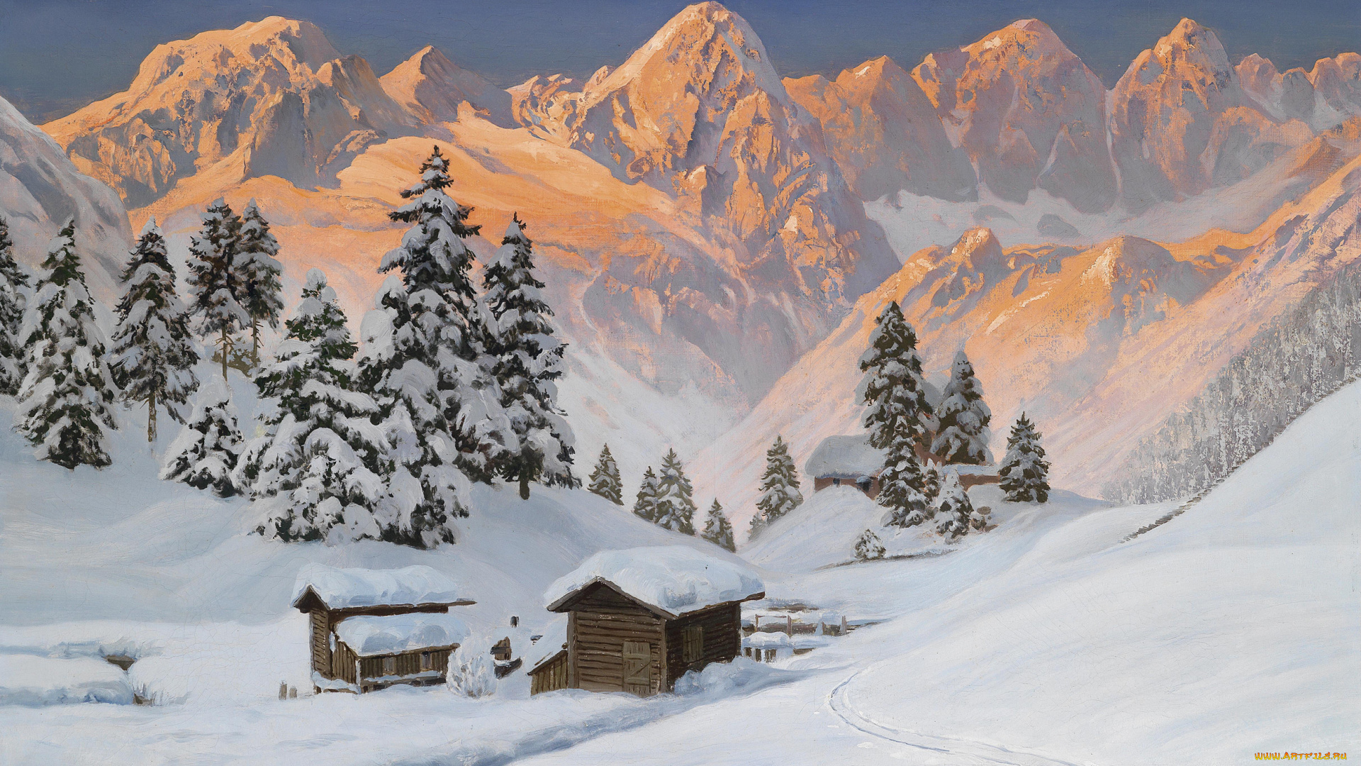рисованные, alois, arnegger, елка, снег, золотой, зима, альпы, пейзаж, горы