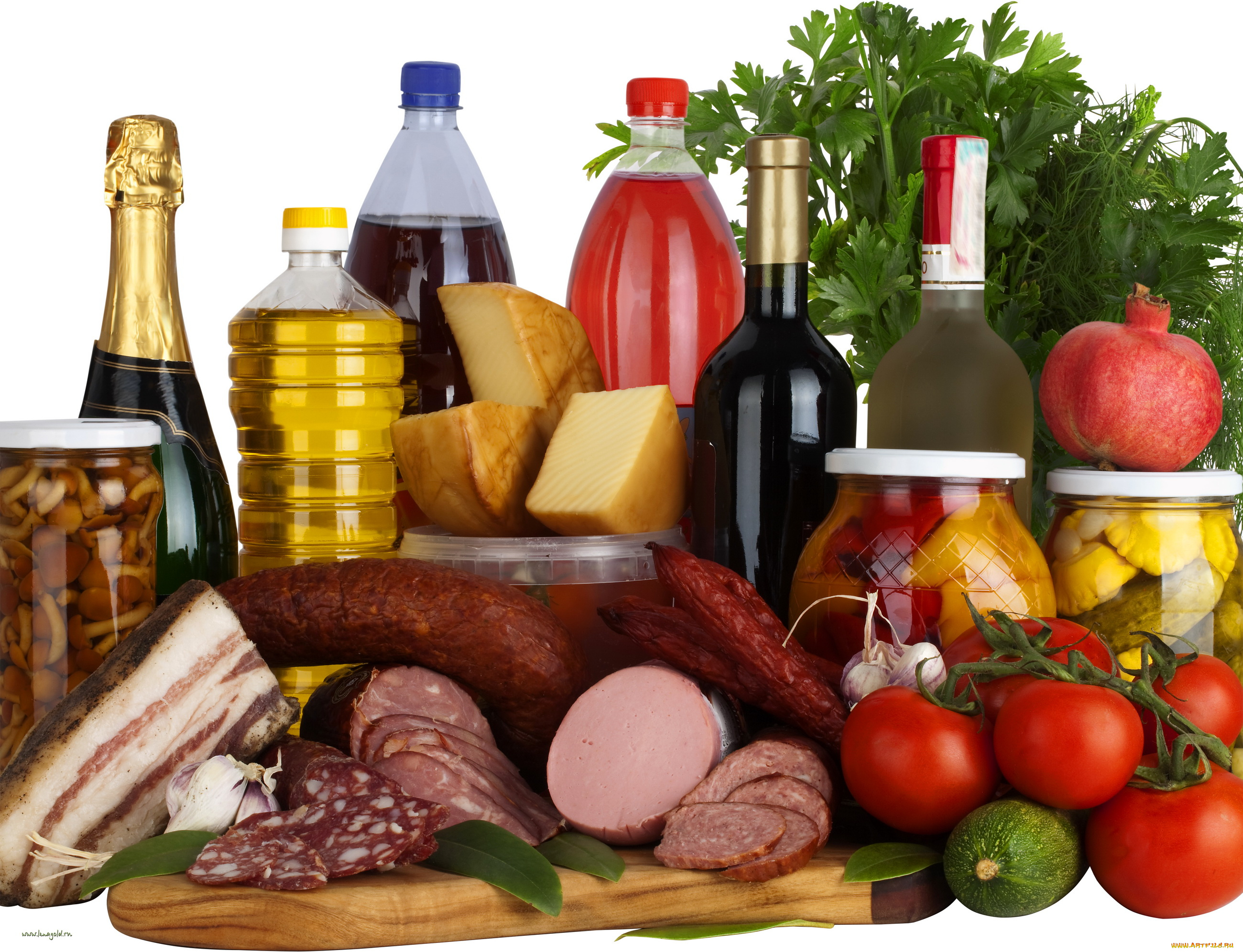 еда, разное, сок, натюрморт, сыр, гранаты, грибы, шампанское, вино, масло, колбаса, помидоры, сало