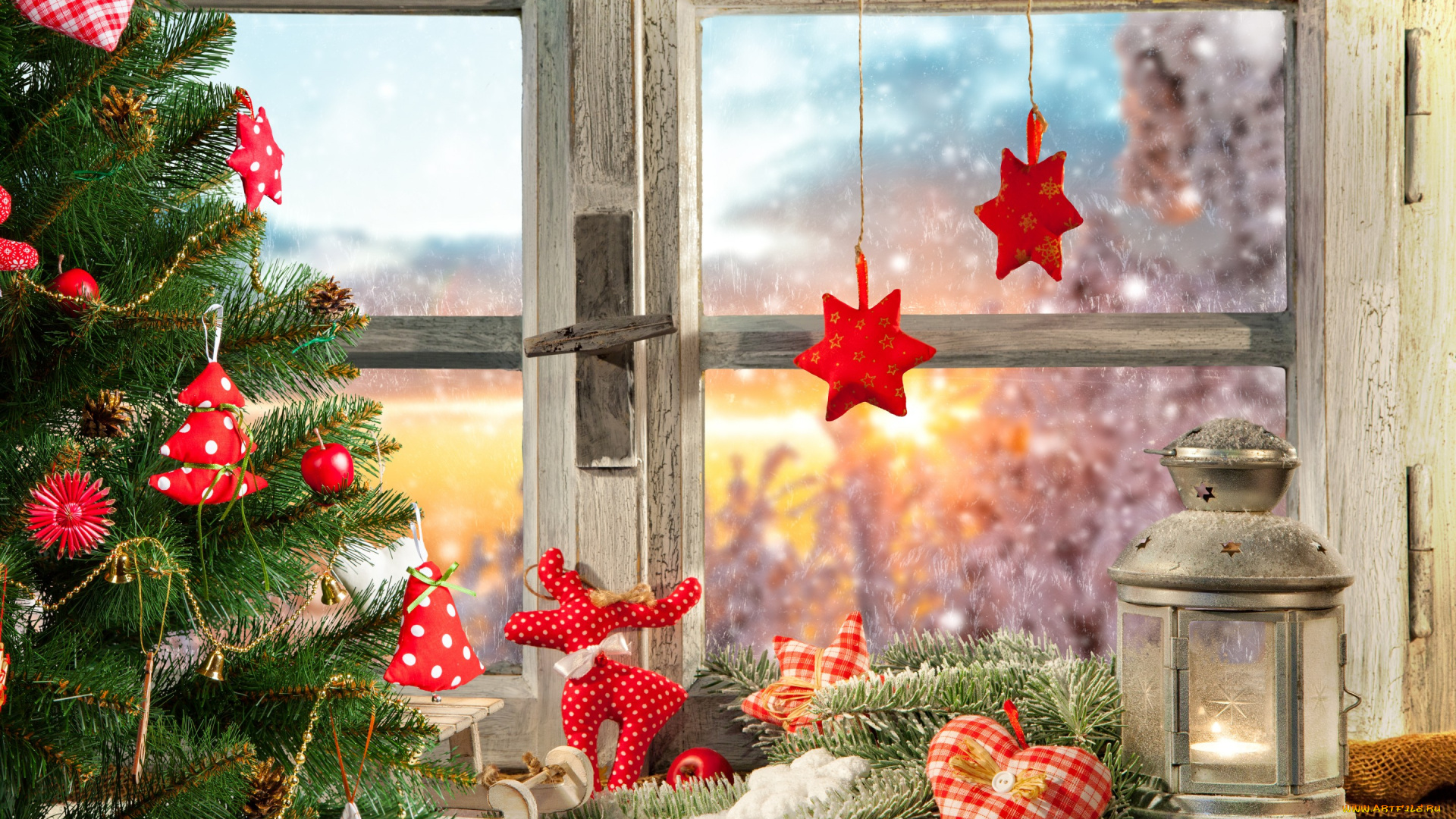 праздничные, -, разное, , новый, год, украшения, подарки, фонарь, окно, декорация