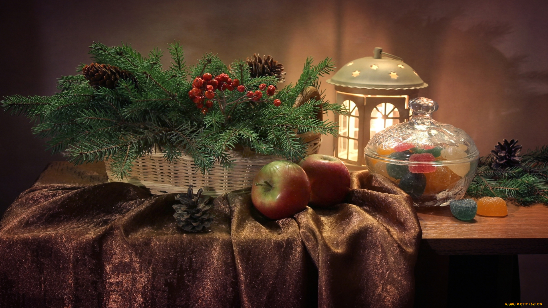 праздничные, угощения, натюрморт, мармелад, яблоки, шишки, ель, фонарь