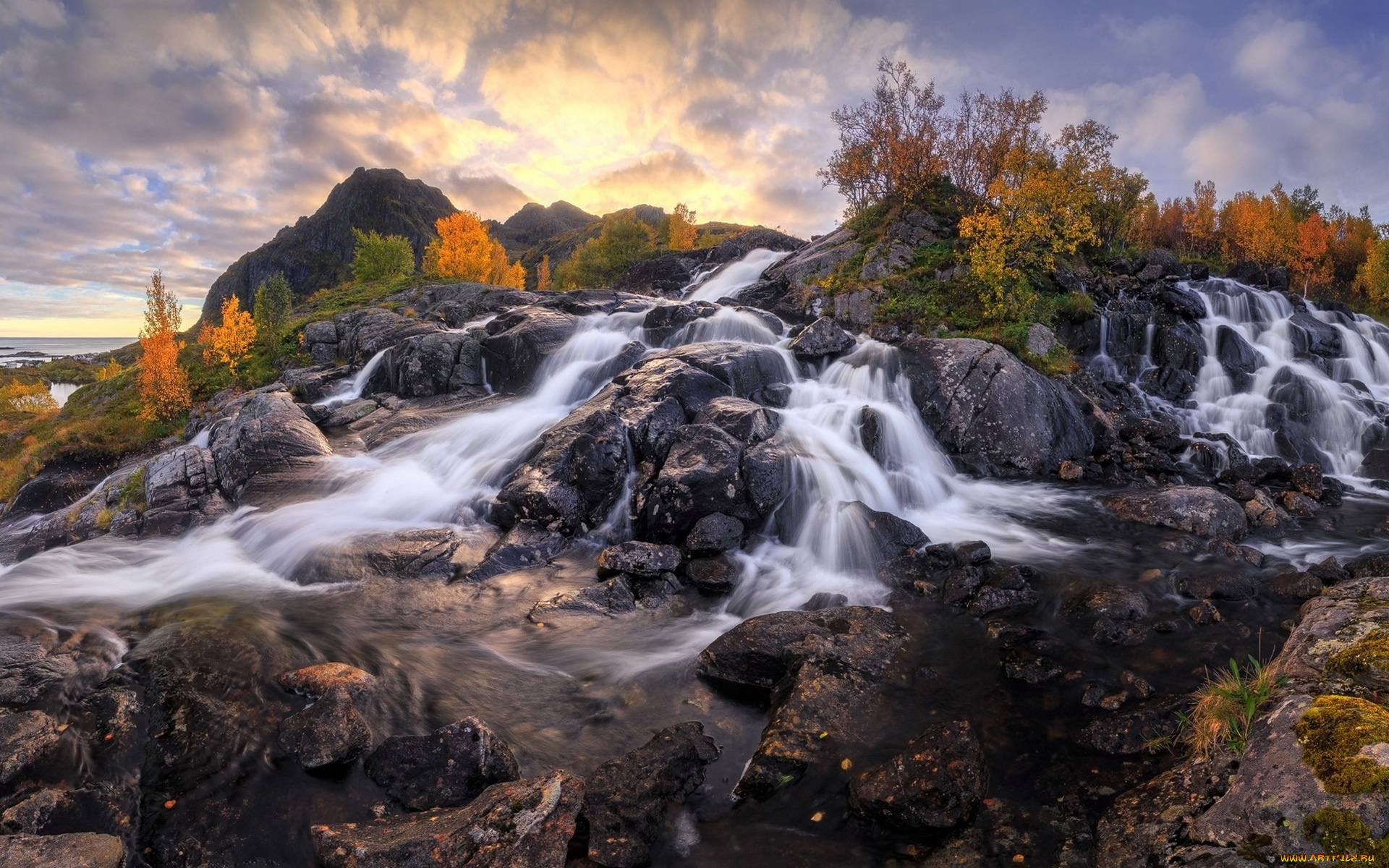 природа, водопады, кусты, осень, камни, водопад