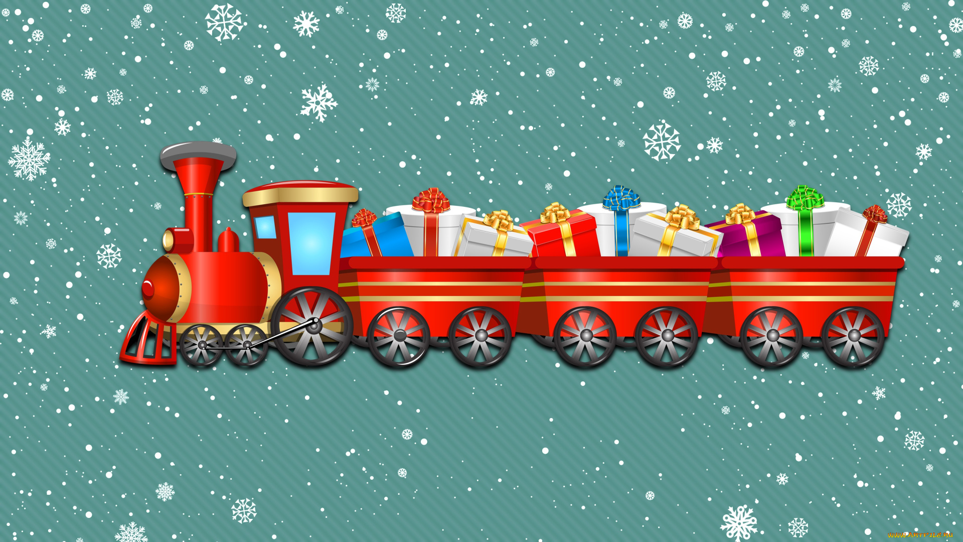 праздничные, векторная, графика, , новый, год, снежинки, фон, праздник, снег, локомотив, паровоз, минимализм, подарки, зима, новый, год