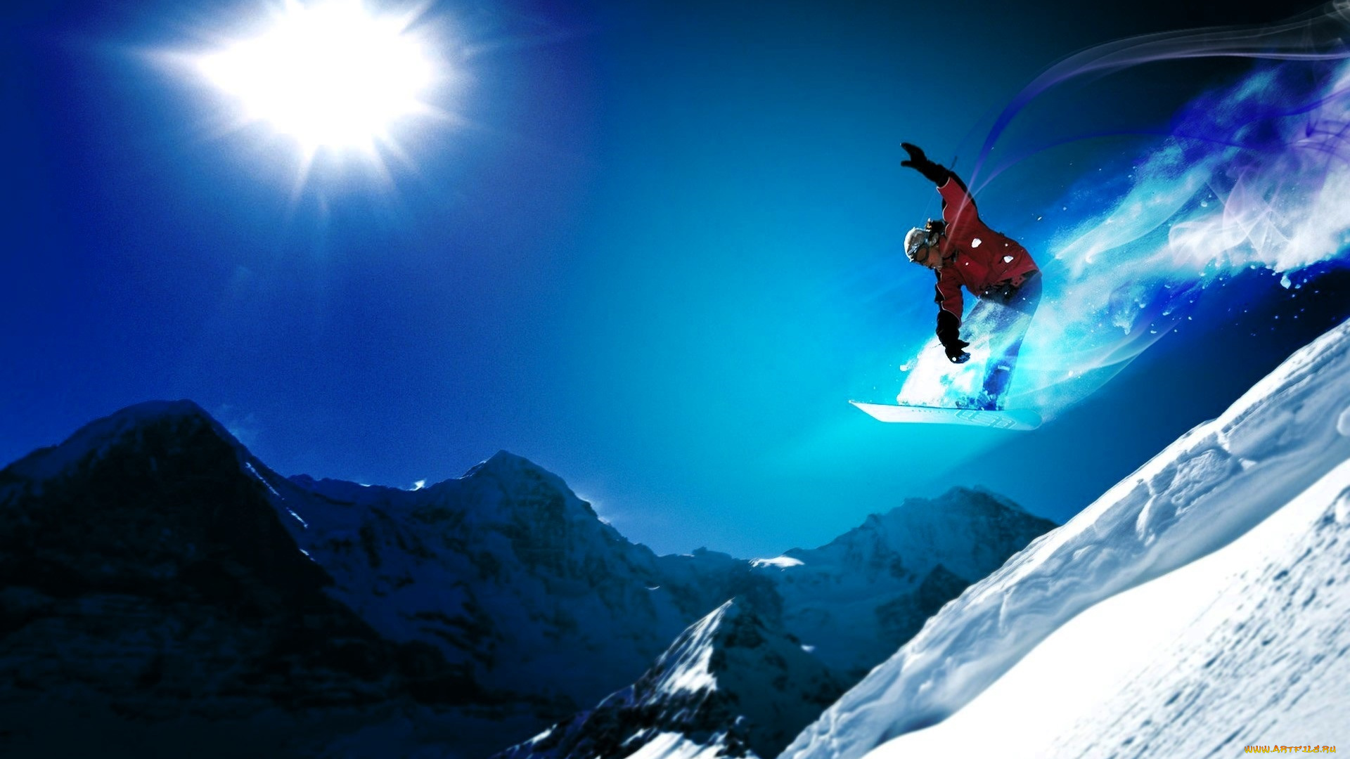 спорт, сноуборд, солнце, горы, снег, сноубордист, экстрим