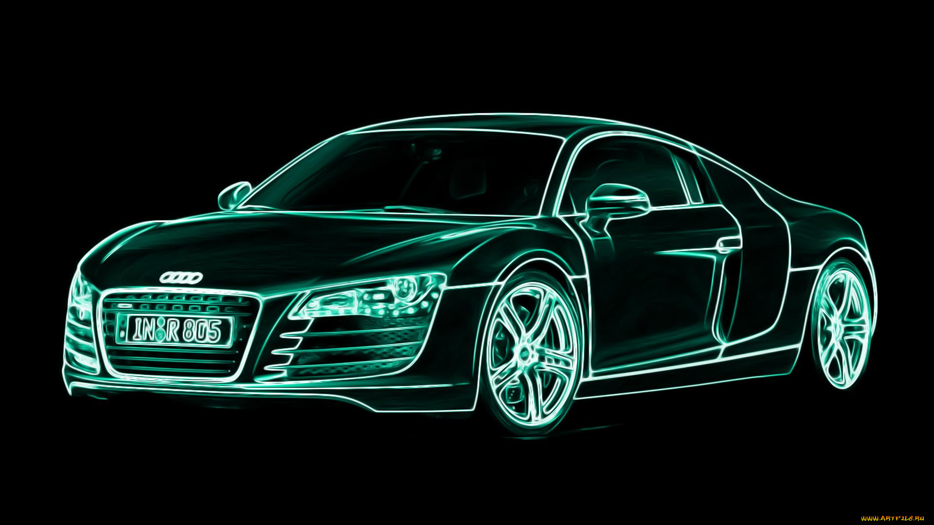 audi, r8, автомобили, 3д, черный, зеленый, неон