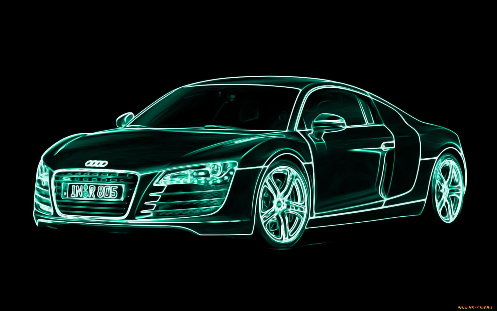 audi, r8, автомобили, 3д, черный, зеленый, неон