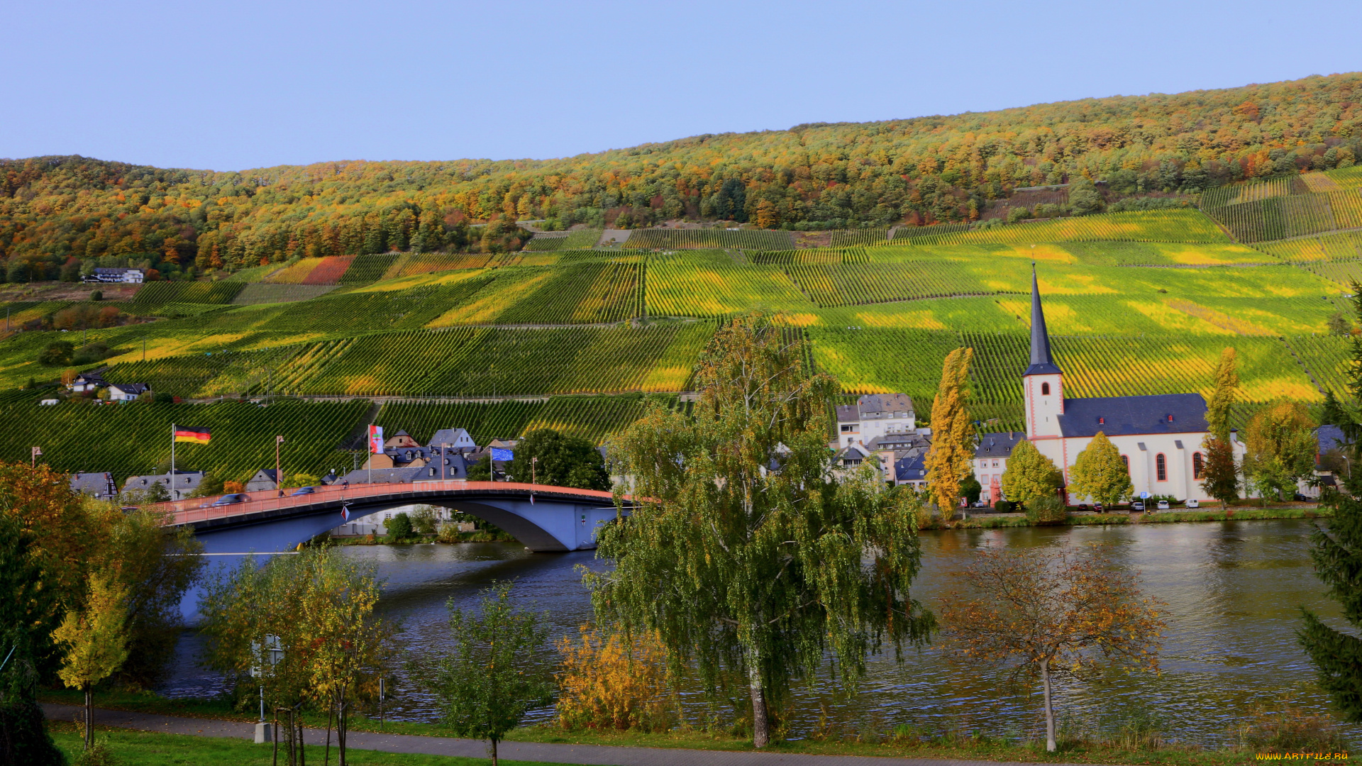 германия, писпорт, города, пейзажи, река, дома, мост, piesport, germany