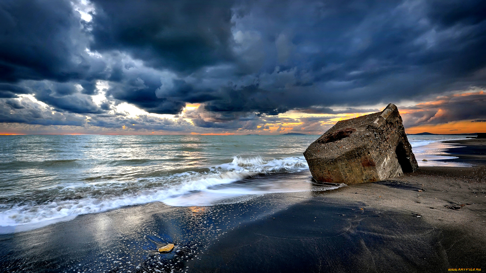 природа, побережье, океан, камни, облака