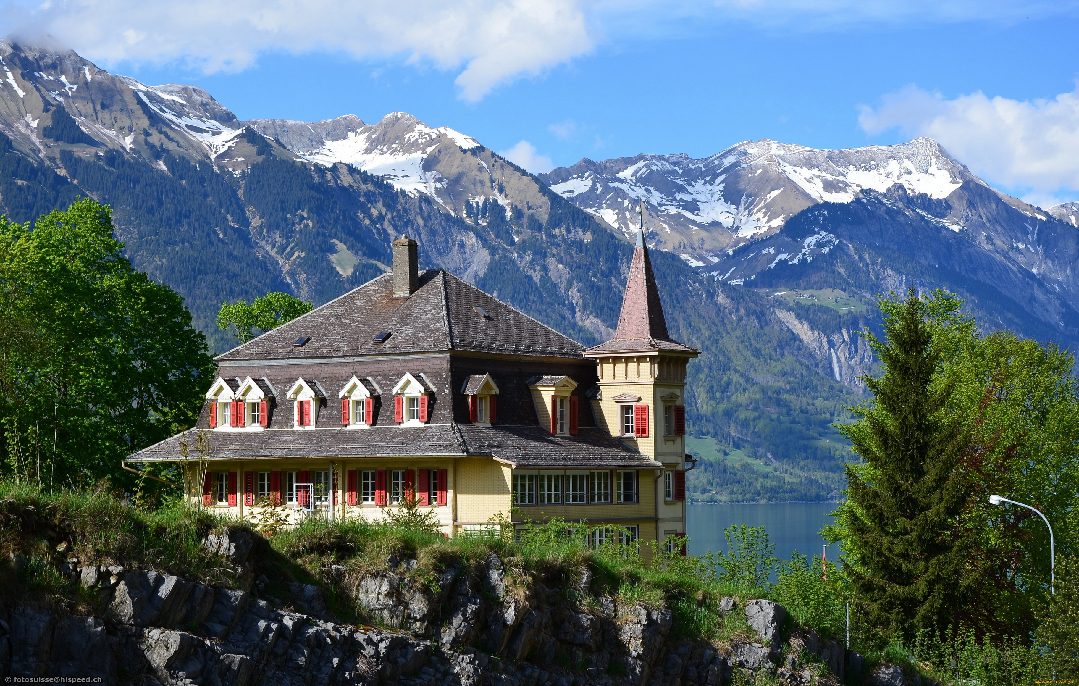 швейцария, берн, iseltwald, lake, brienz, города, здания, дома, озеро, горы