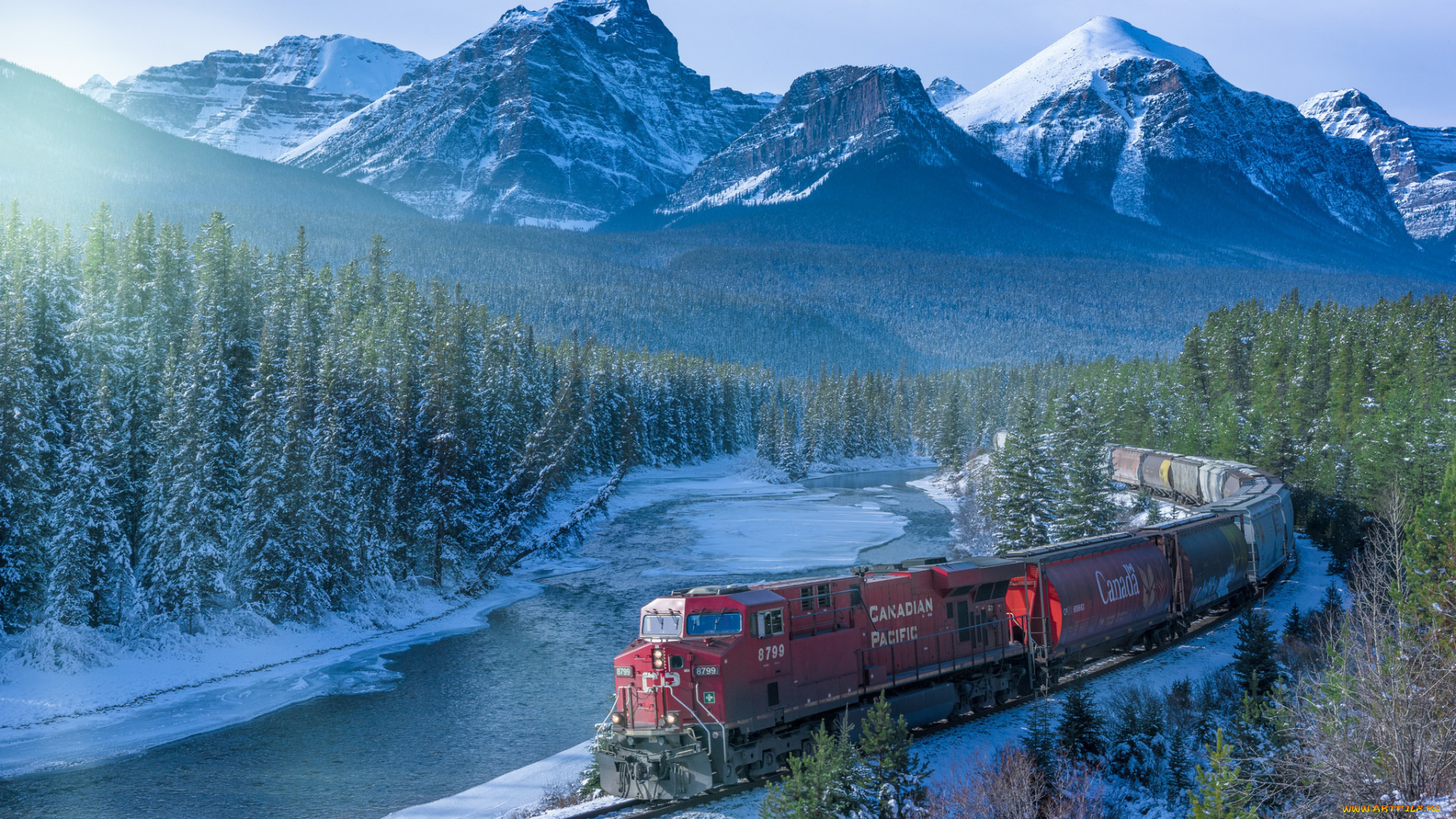 техника, поезда, природа, пейзаж, горы, снег, зима, поезд, рельсы
