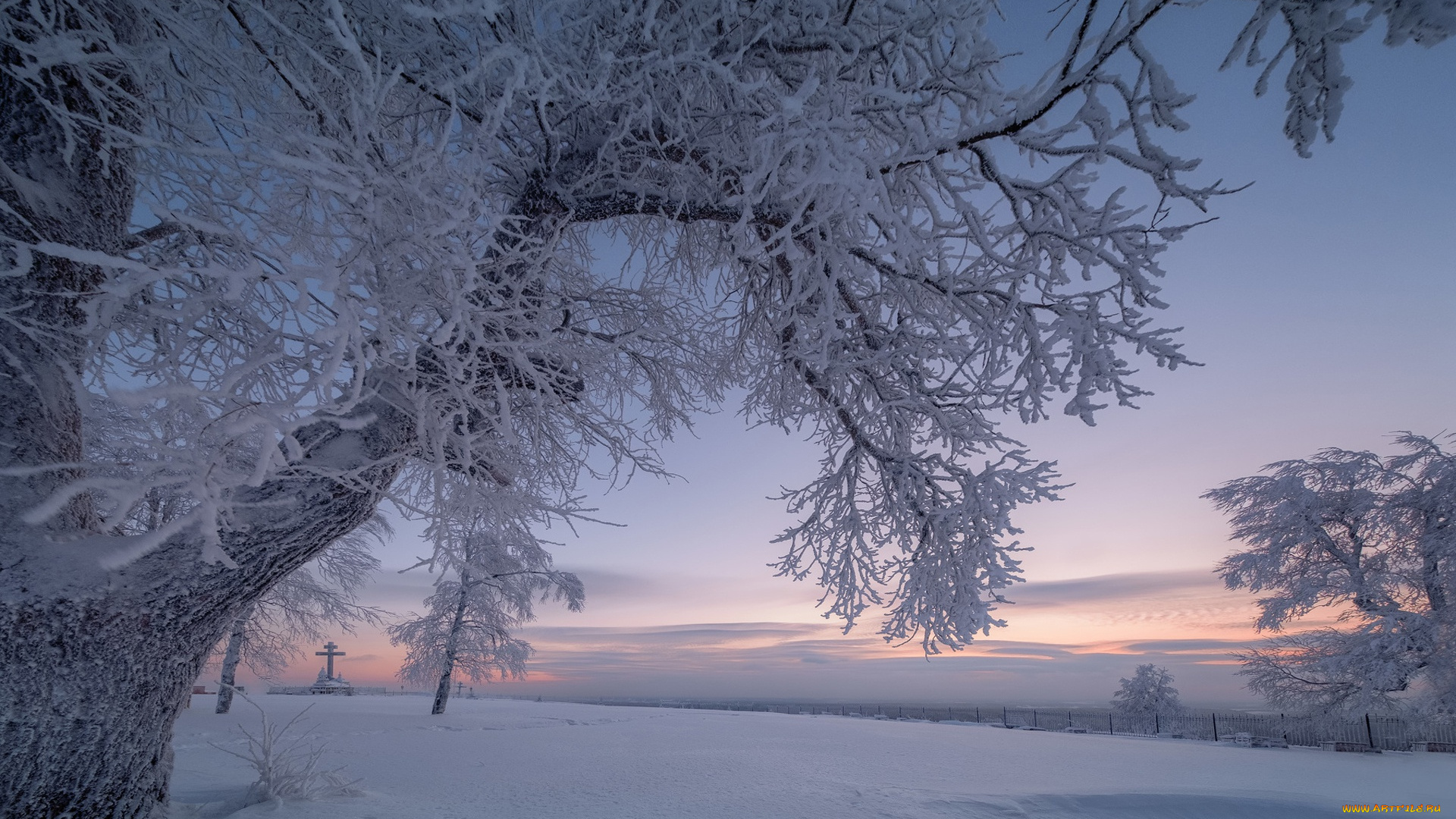 природа, зима, белая, гора, ветки, деревья, снег, рассвет, россия, утро, крест, пермский, край