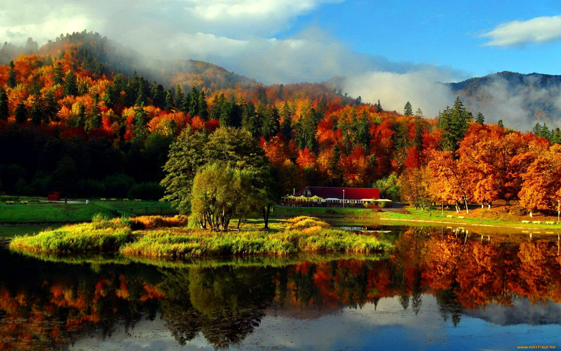 природа, реки, озера, туман, лес, осень, деревья