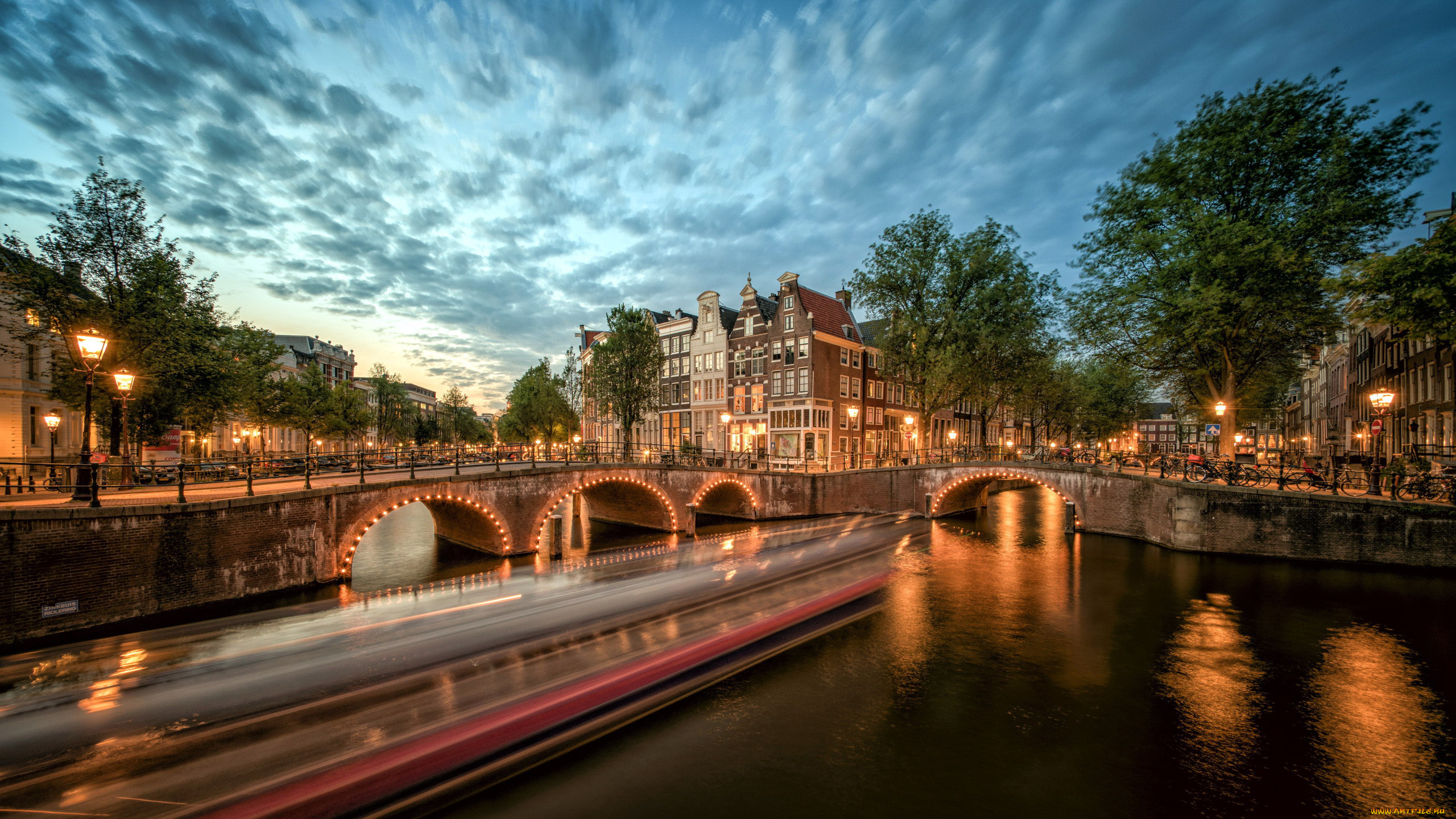 города, амстердам, , нидерланды, канал, мост, вечер, огни