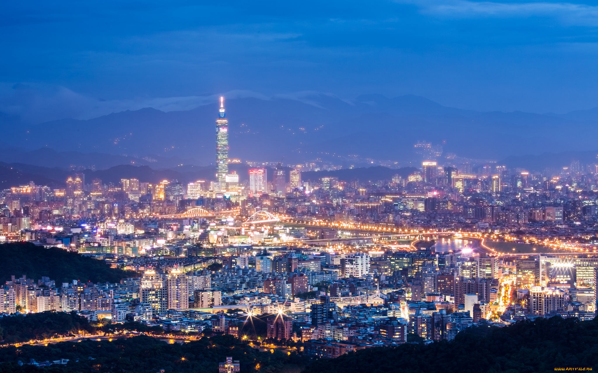 города, тайбэй, тайвань, панорама, огни, ночь