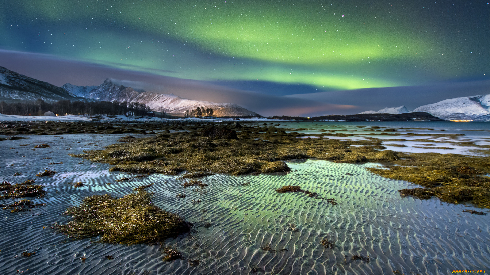 lyngen, , norway, природа, северное, сияние, ночь, равнина, снег, трава, горы, сполохи