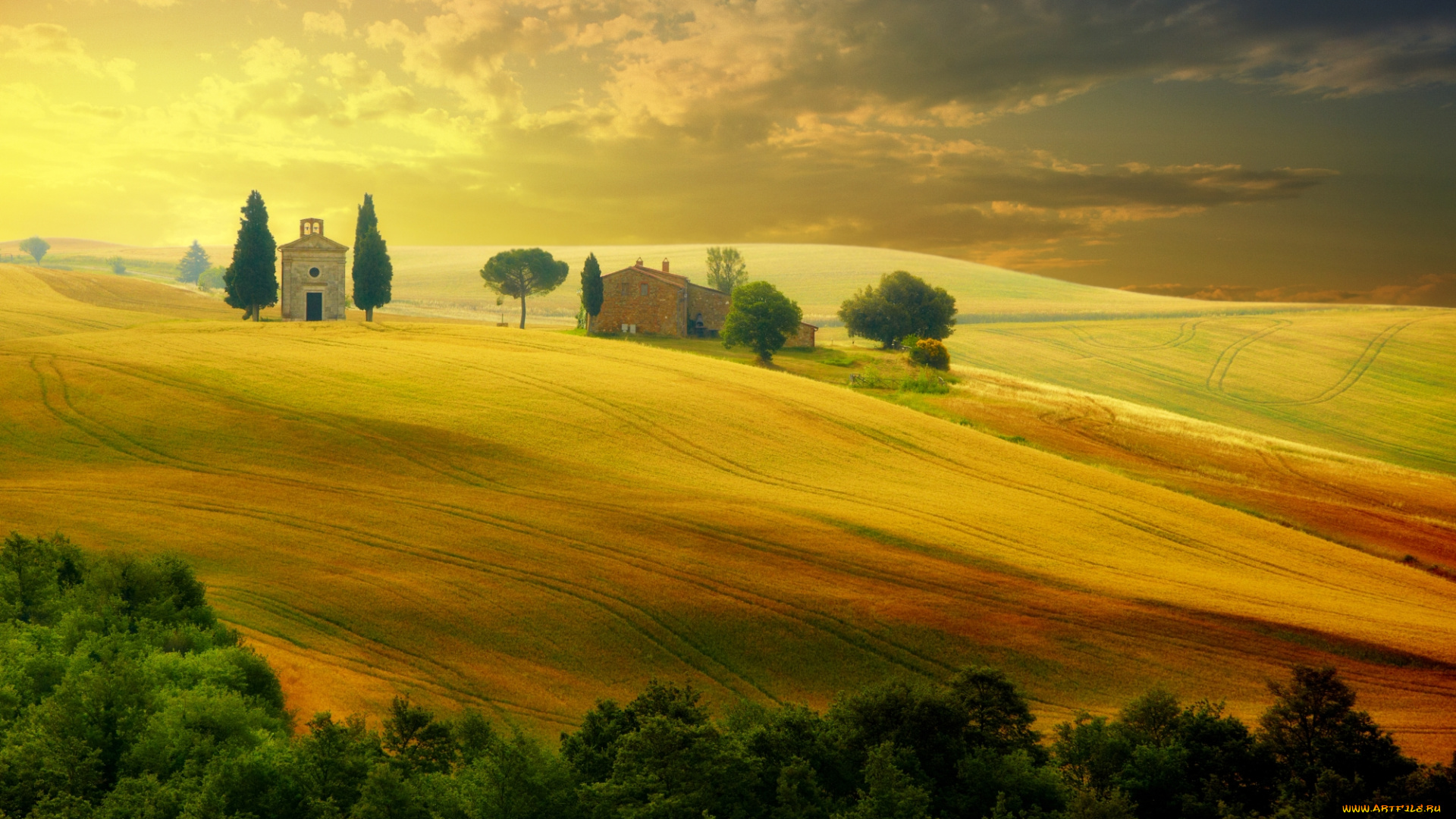 природа, поля, тоскана, сан, quirico'orcia, лето, сельская, местность, пейзаж, деревья, небо, зеленые