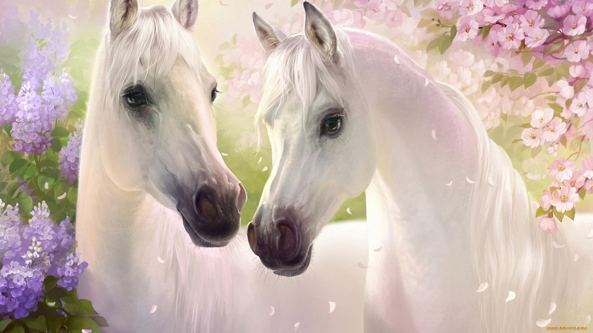 рисованные, животные, , лошади, кони, пара, белые, цветы, сирень, вишня, лепестки, весна