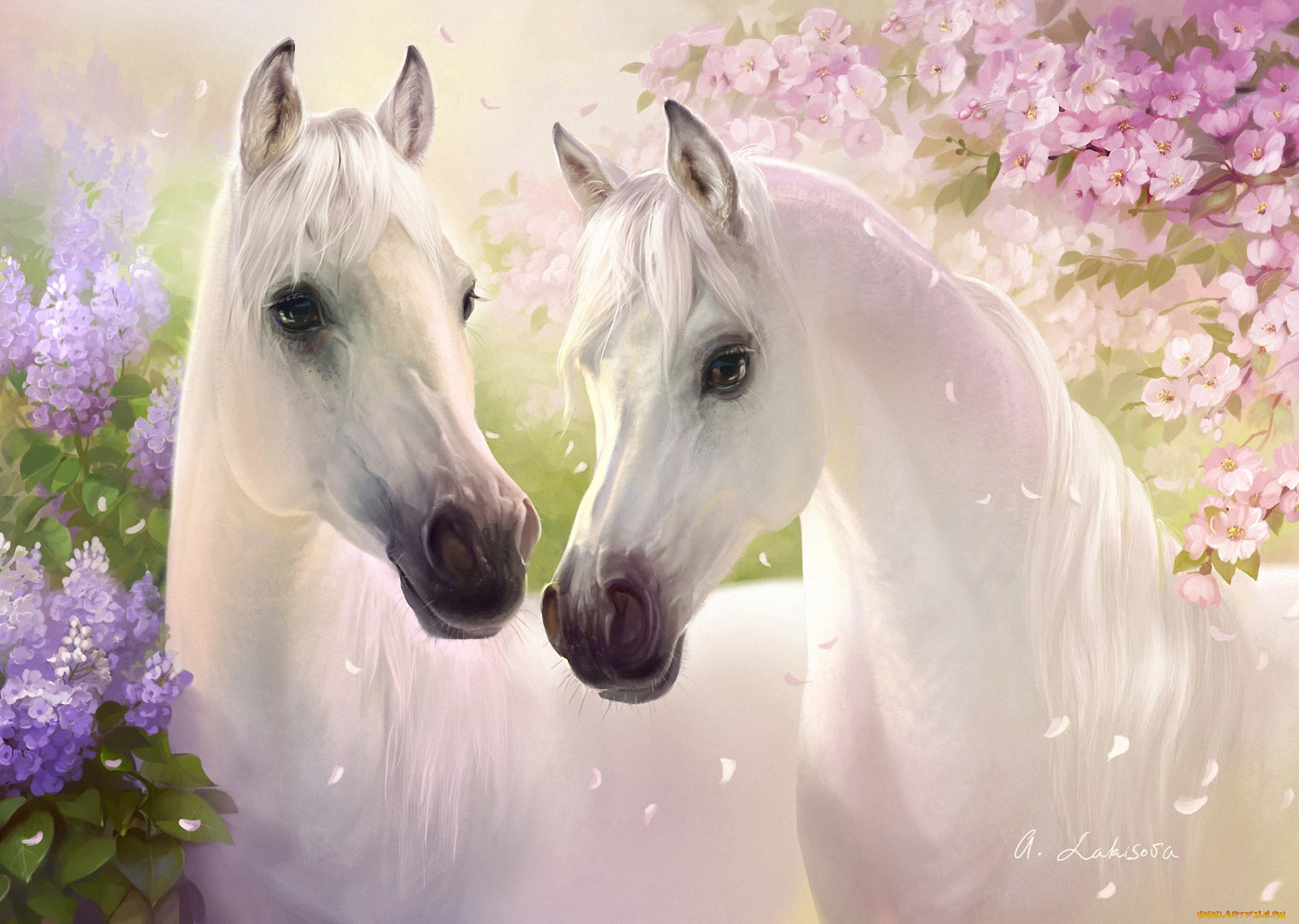 рисованные, животные, , лошади, кони, пара, белые, цветы, сирень, вишня, лепестки, весна