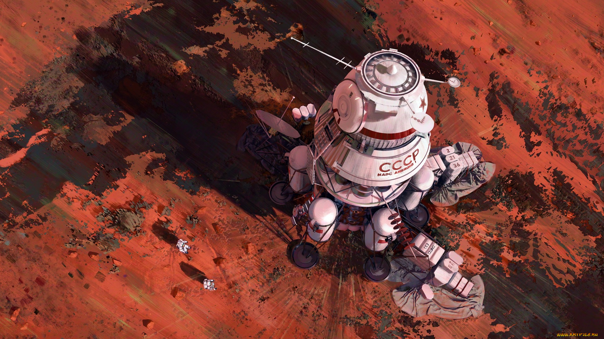 космос, арт, red, mars, космонавты, поверхность, космический, аппарат, ambition, 1, lander
