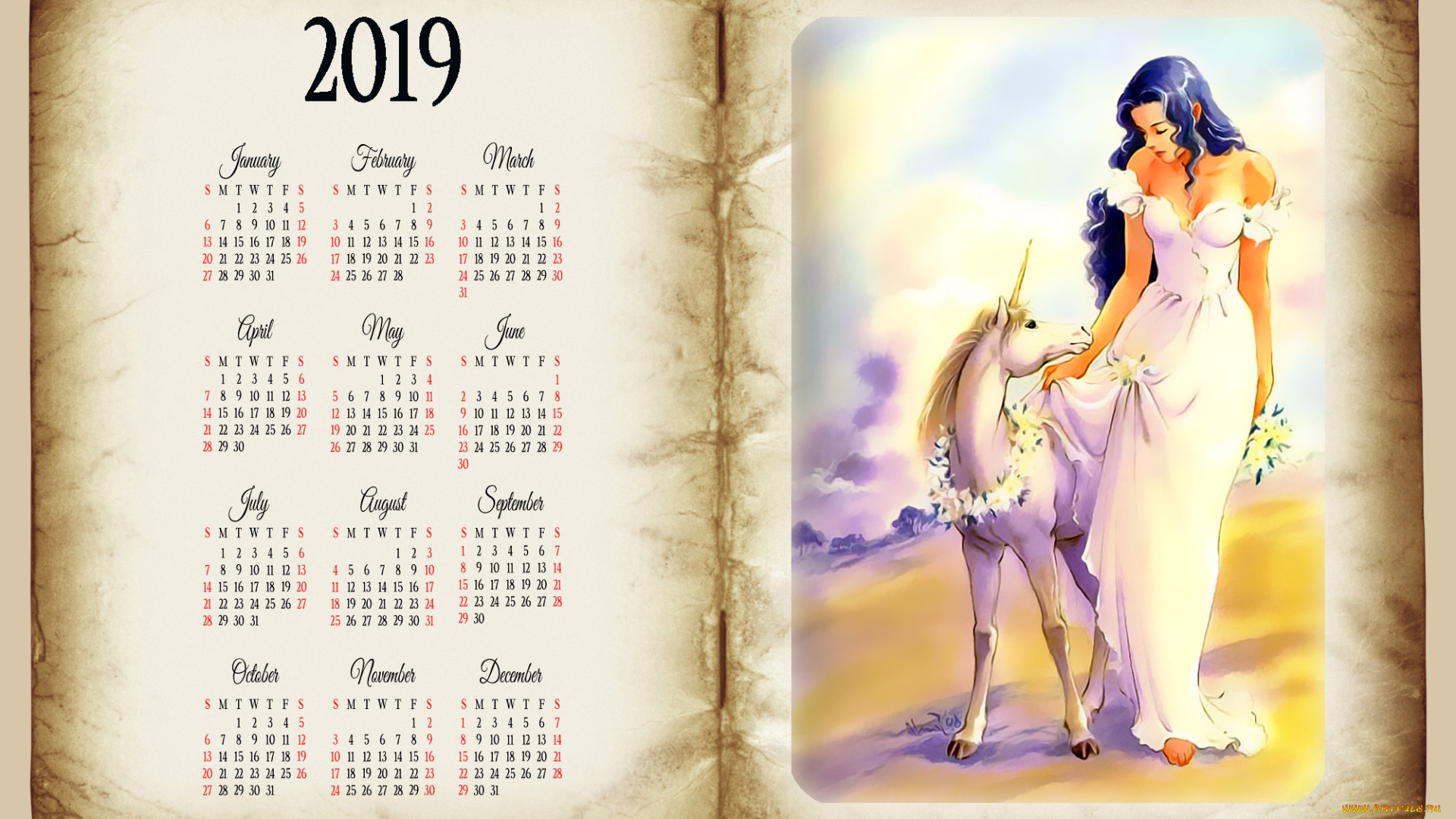 календари, фэнтези, конь, лошадь, венок, девушка, книга, единорог