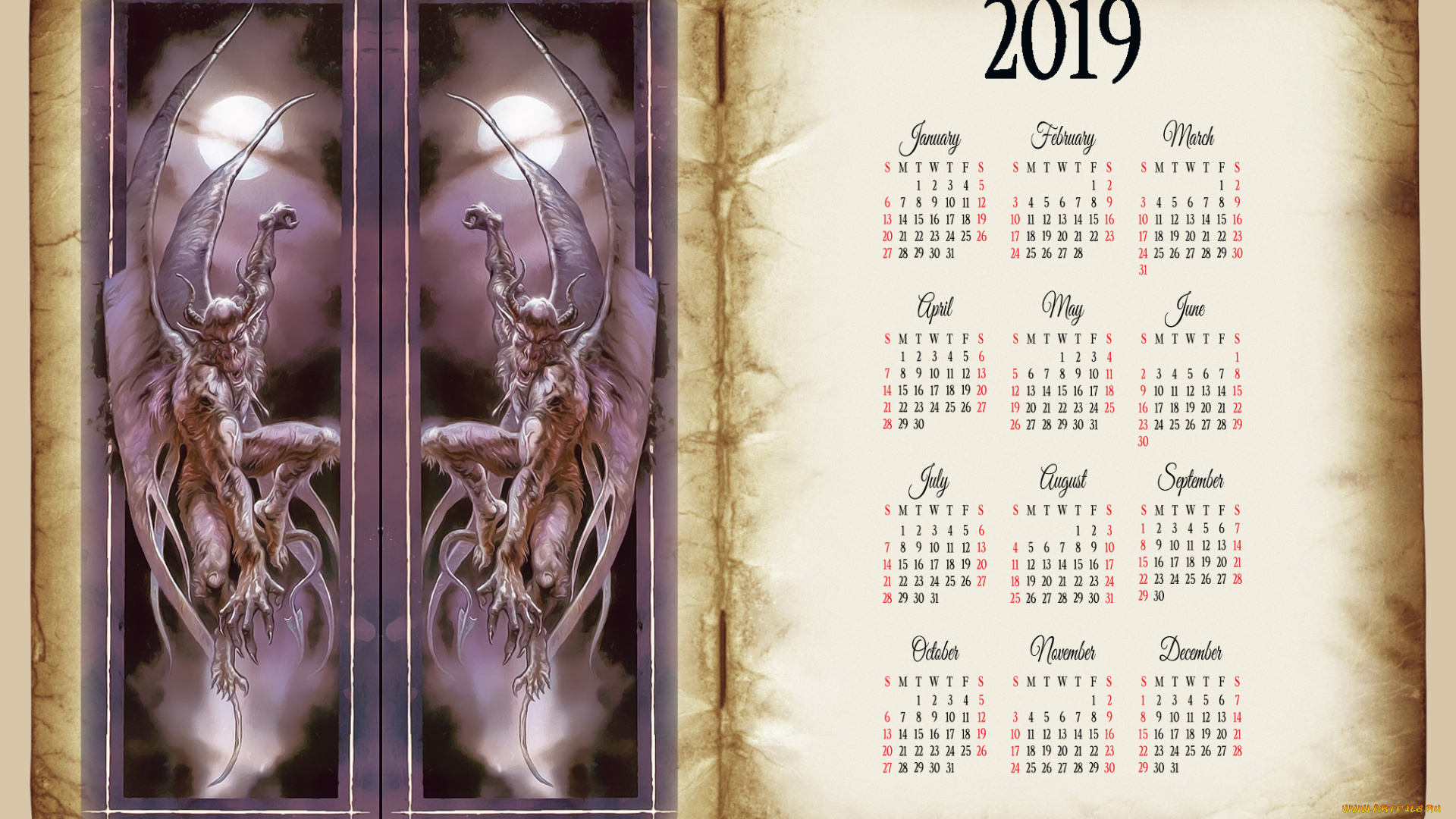 календари, фэнтези, крылья, существо
