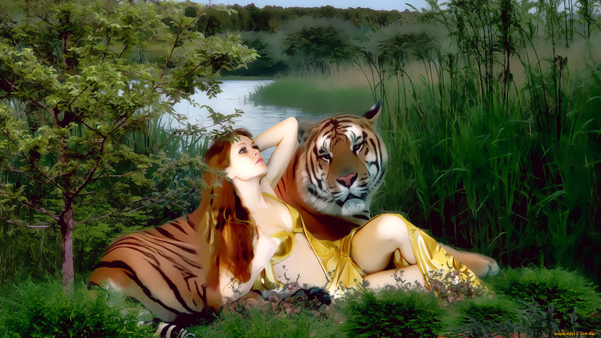 календари, фэнтези, девушка, хищник, тигр, зверь, животное, водоем, растение, природа, calendar, 2020