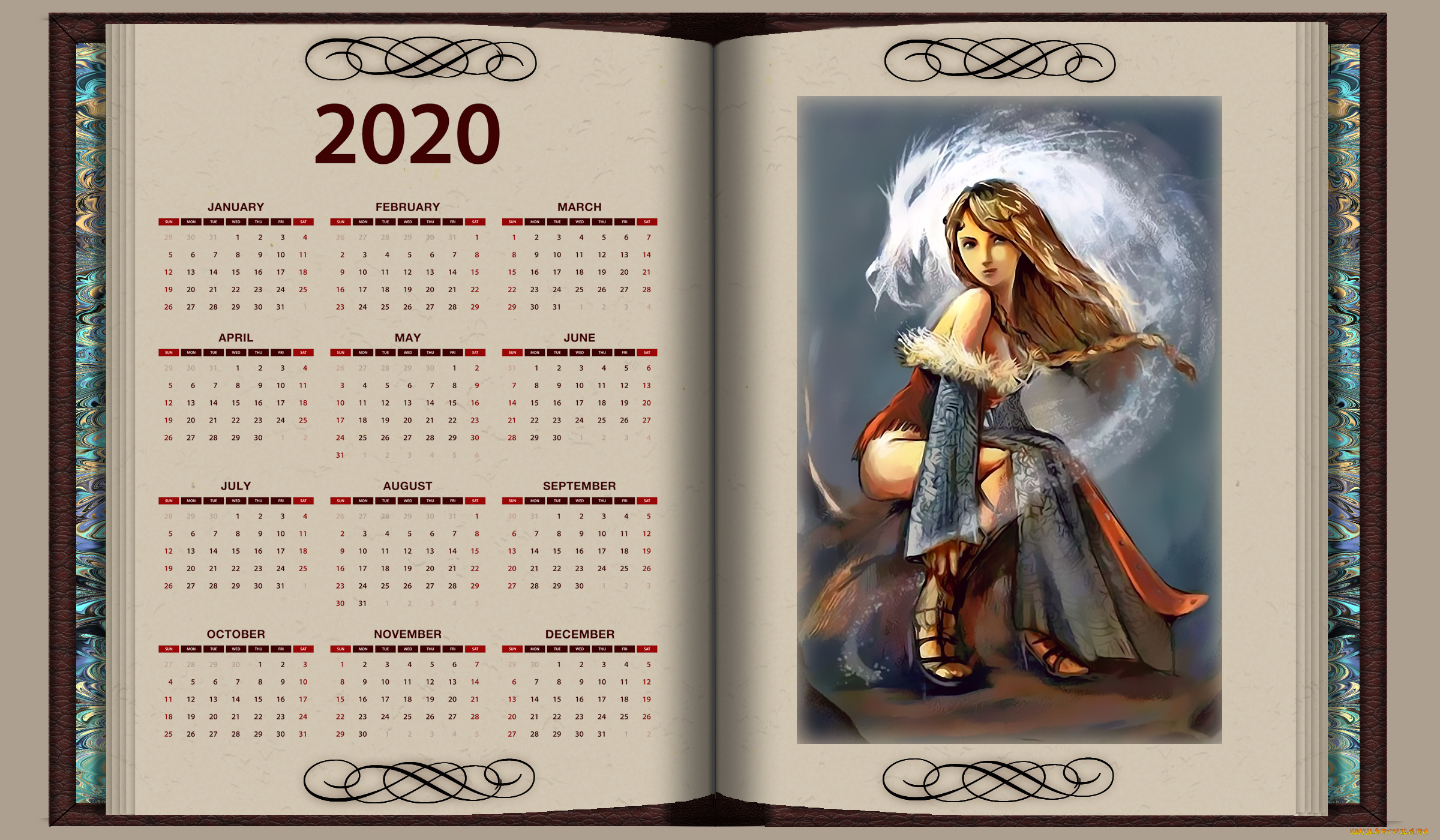 календари, фэнтези, книга, девушка, взгляд, calendar, 2020