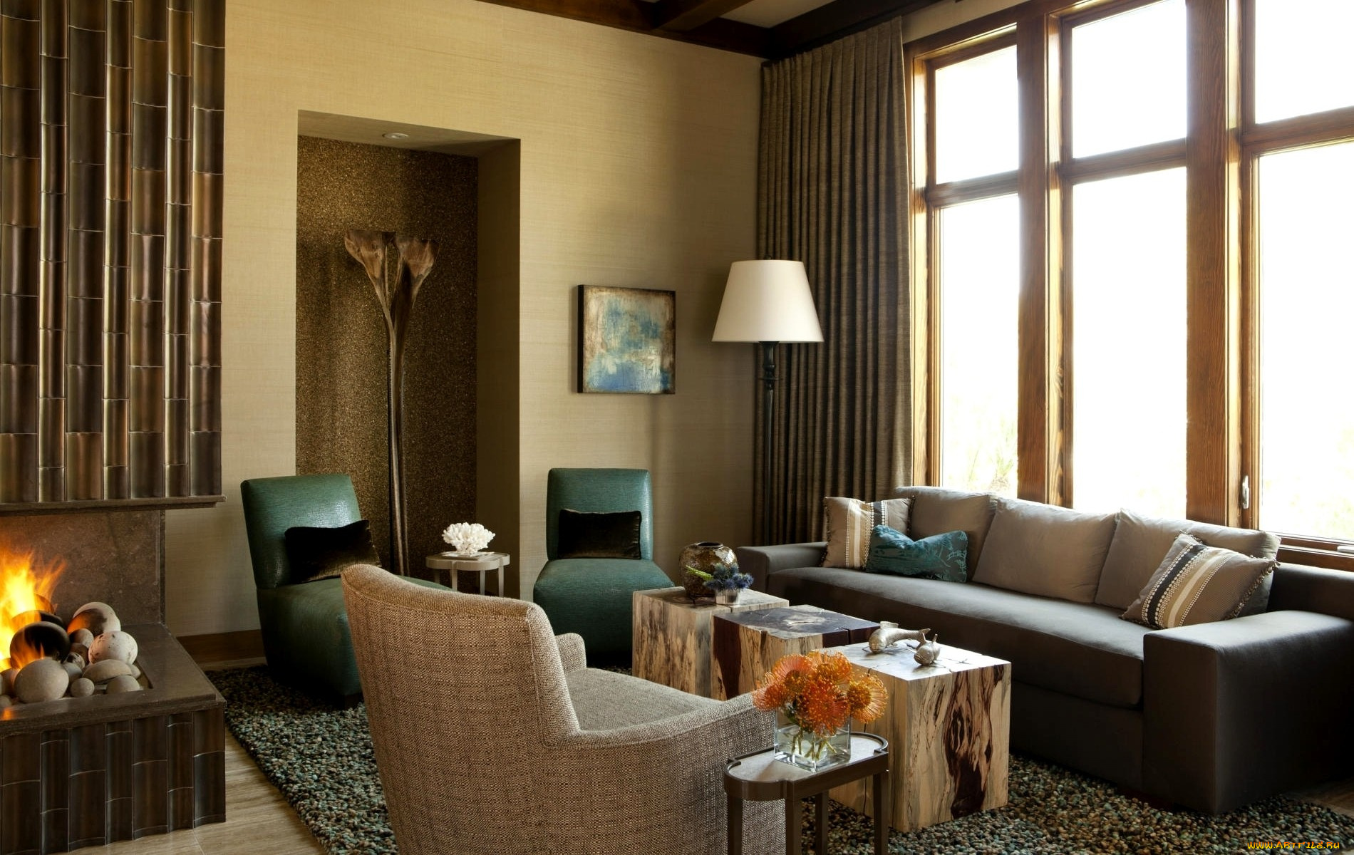 интерьер, гостиная, диван, столик, протея, кресла, камин