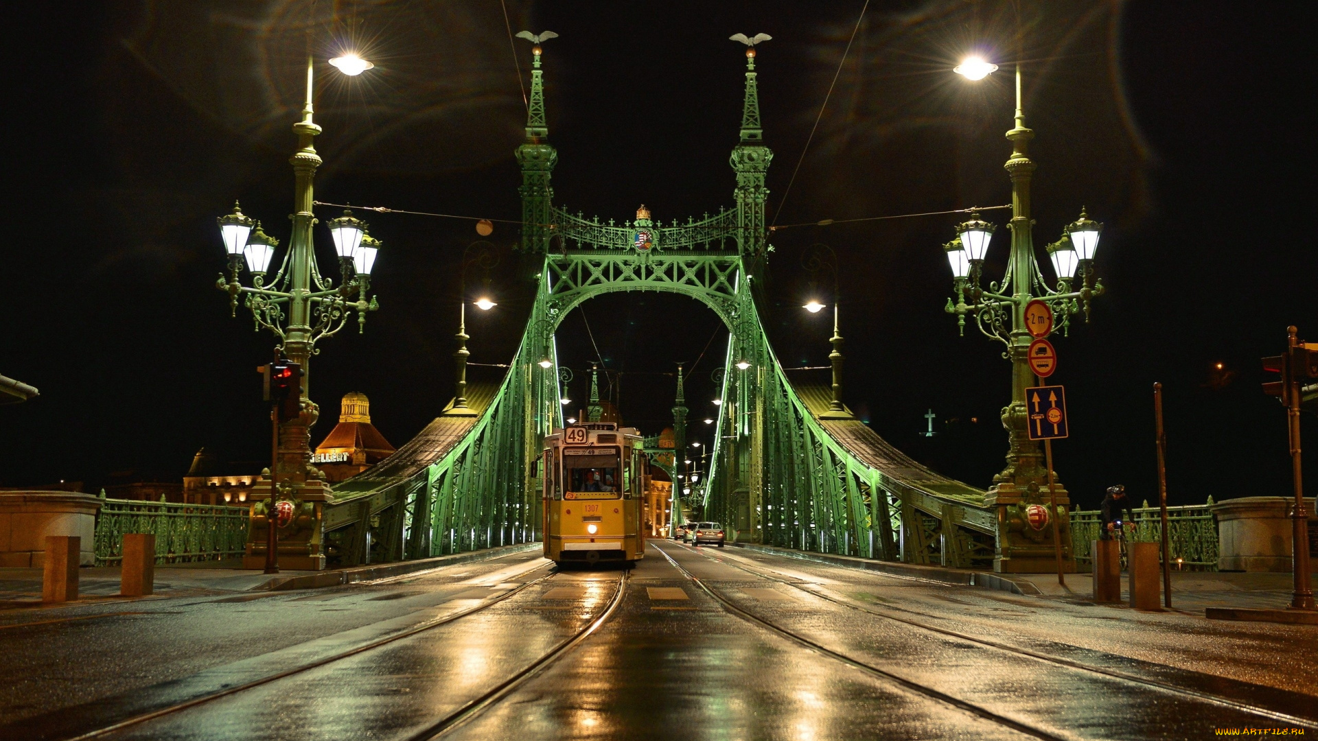 города, мосты, трамвай, рельсы, мост, ночь, liberty, bridge, budapest