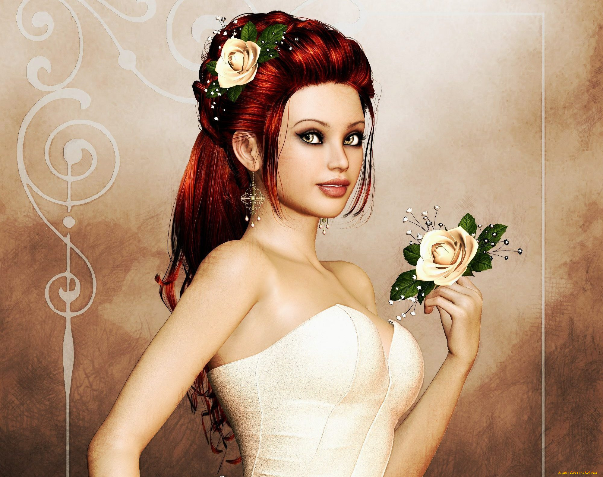 Бесплатные художественные. Невеста с красными волосами. Рендеринг девушки. Графика (девушка). Девушка с красным цветочком волосах.