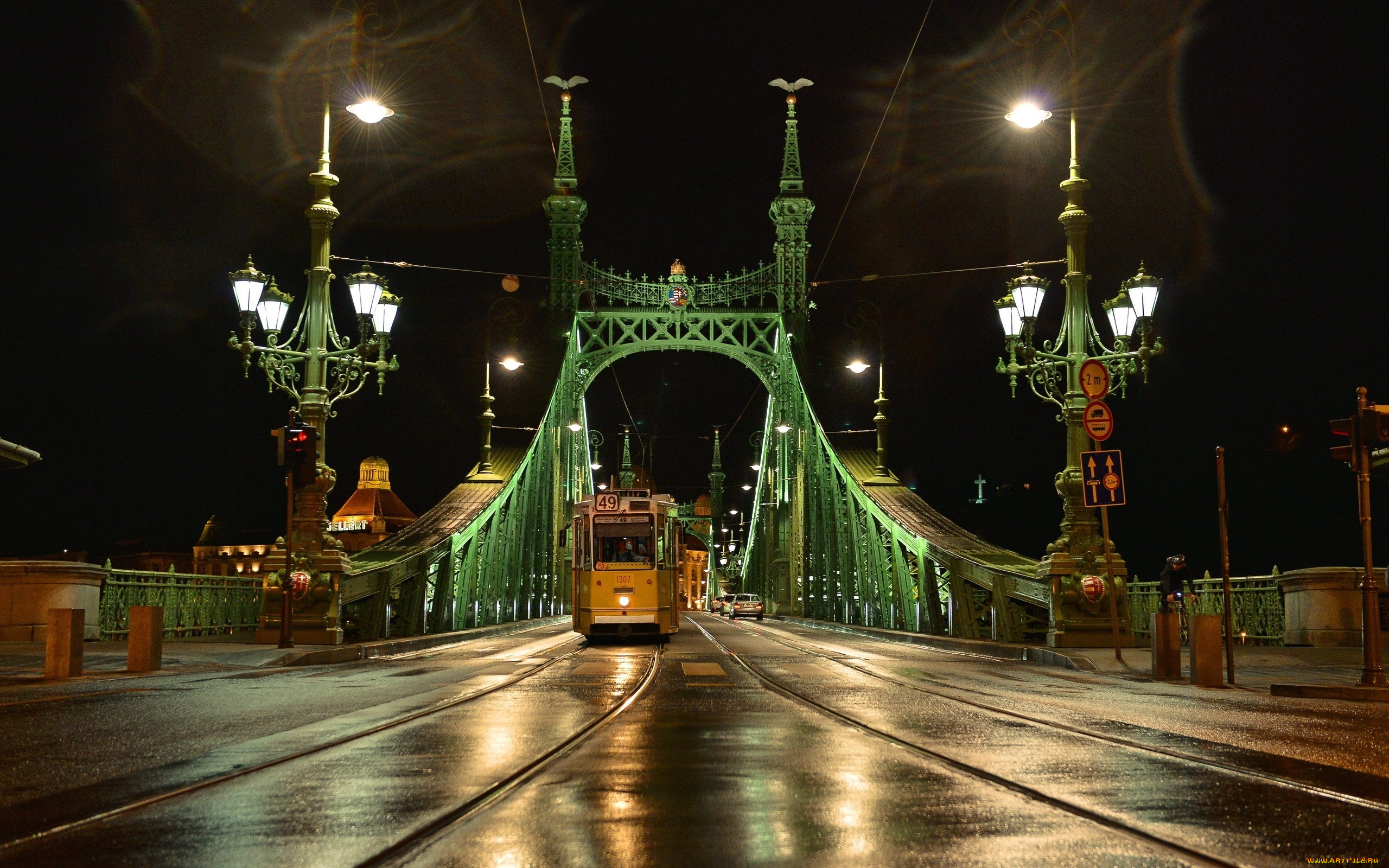 города, мосты, трамвай, рельсы, мост, ночь, liberty, bridge, budapest