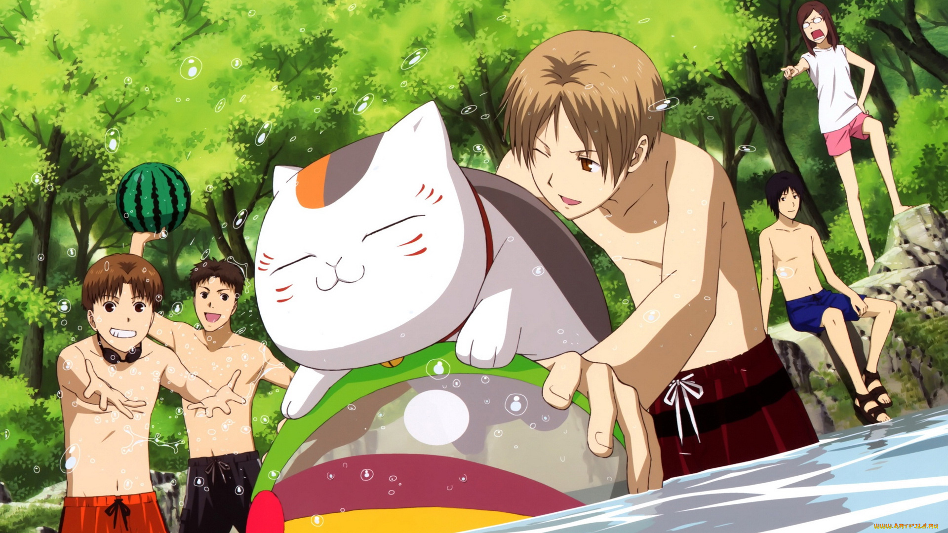 аниме, natsume, yuujinchou, река, мальчики, кошка, мяч, лес