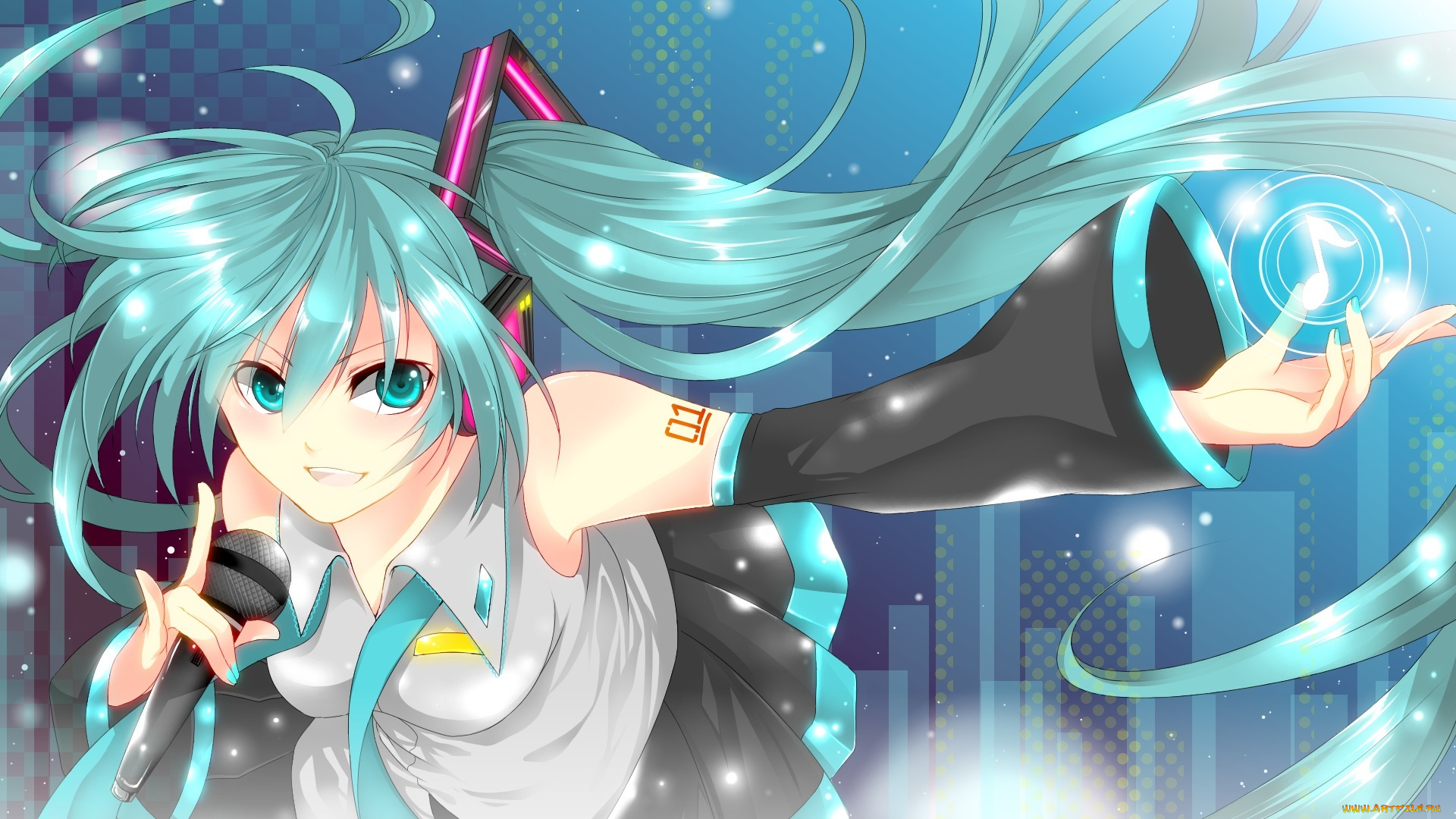 vocaloid, аниме, арт, нота, микрофон, девушка, вокалоид, hatsune, miku, enrai