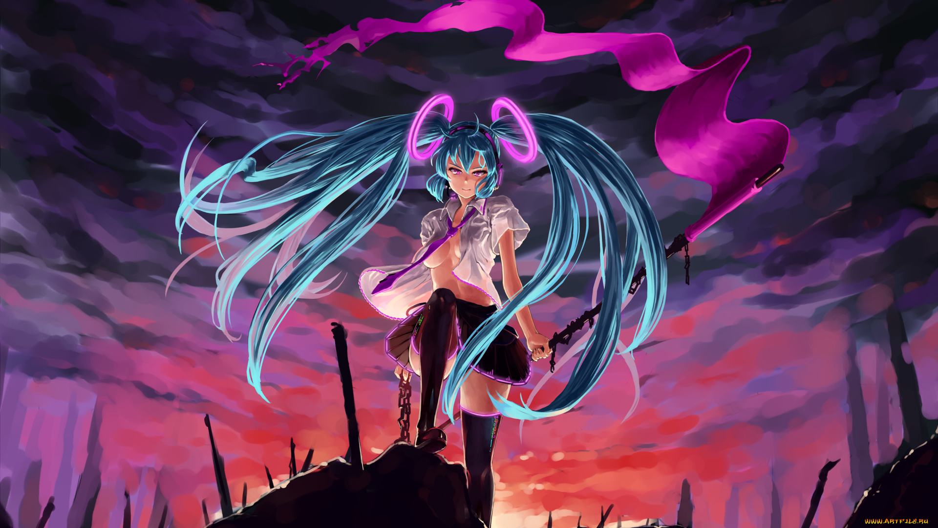 vocaloid, аниме, omaru09, вокалоид, флаг, art, цепи, галстук, блузка, hatsune, miku, злость, взгляд, девушка