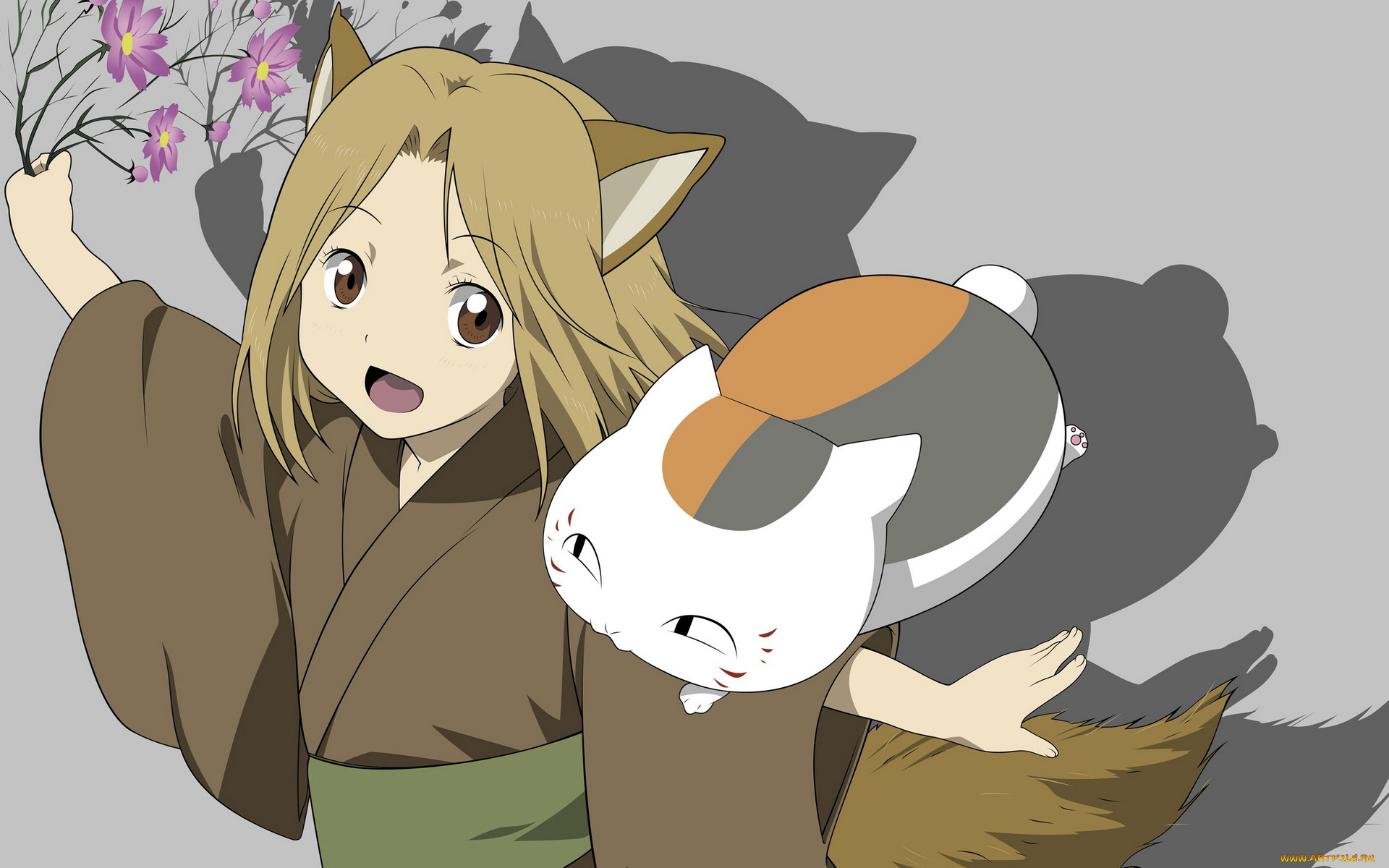 аниме, natsume, yuujinchou, цветы, кошка, ушки, девушка