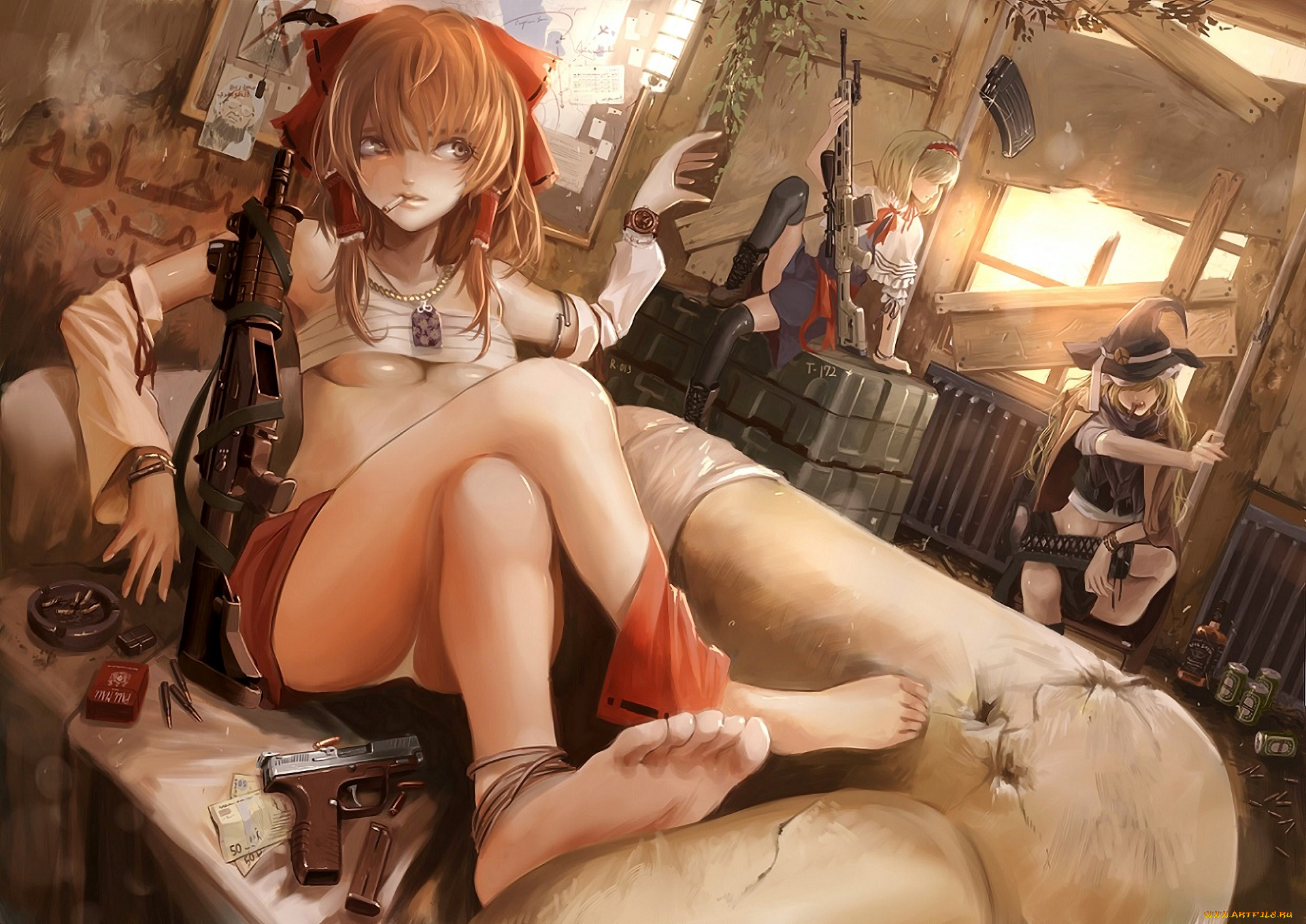 аниме, touhou, terabyte, art, hakurei, reimu, kirisame, marisa, alice, margatroid, rook777, девушки, пиво, виски, сигареты, аммуниция, оружие