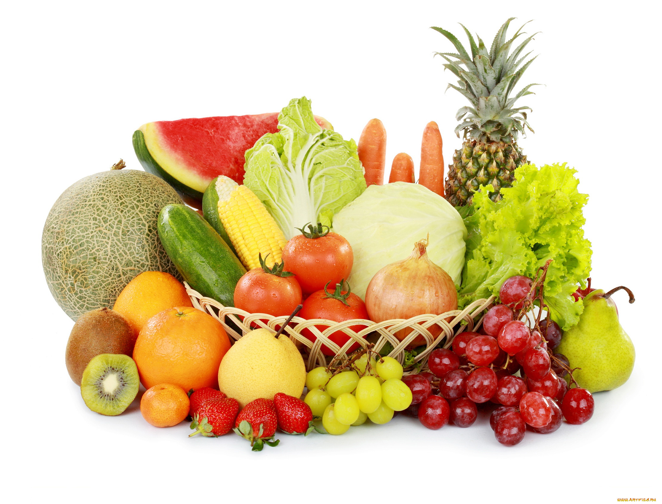 еда, фрукты, и, овощи, вместе, апельсин, клубника, дыня, огурцы, кукуруза, фрукты, овощи, помидоры, капуста, белый, фон