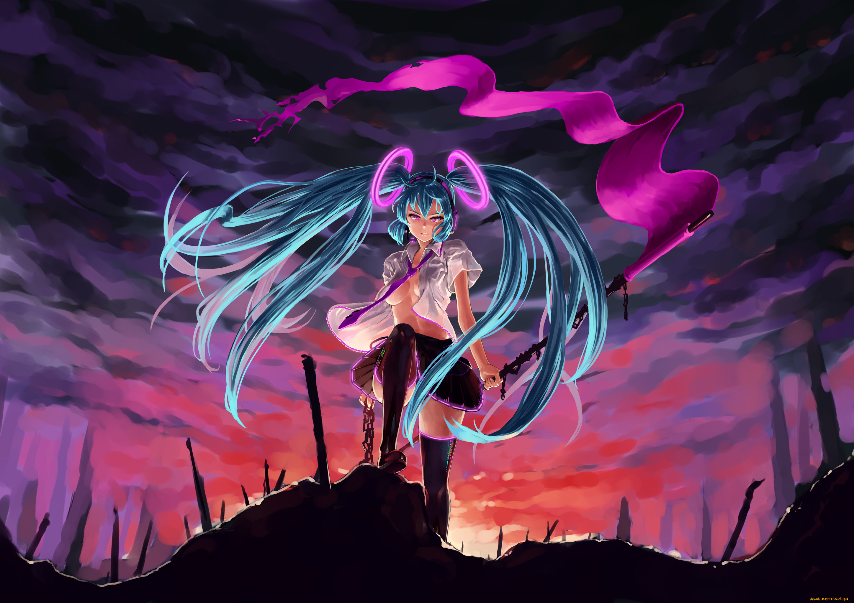 vocaloid, аниме, omaru09, вокалоид, флаг, art, цепи, галстук, блузка, hatsune, miku, злость, взгляд, девушка