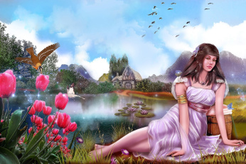 Картинка фэнтези девушки цветы дом озеро девушка
