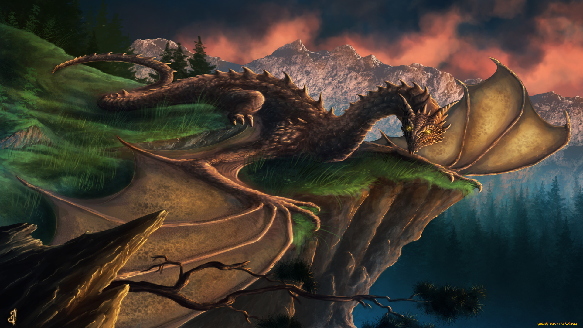 фэнтези, драконы, деревья, горы, взгляд, обрыв, крылья, фантастика, дракон, арт