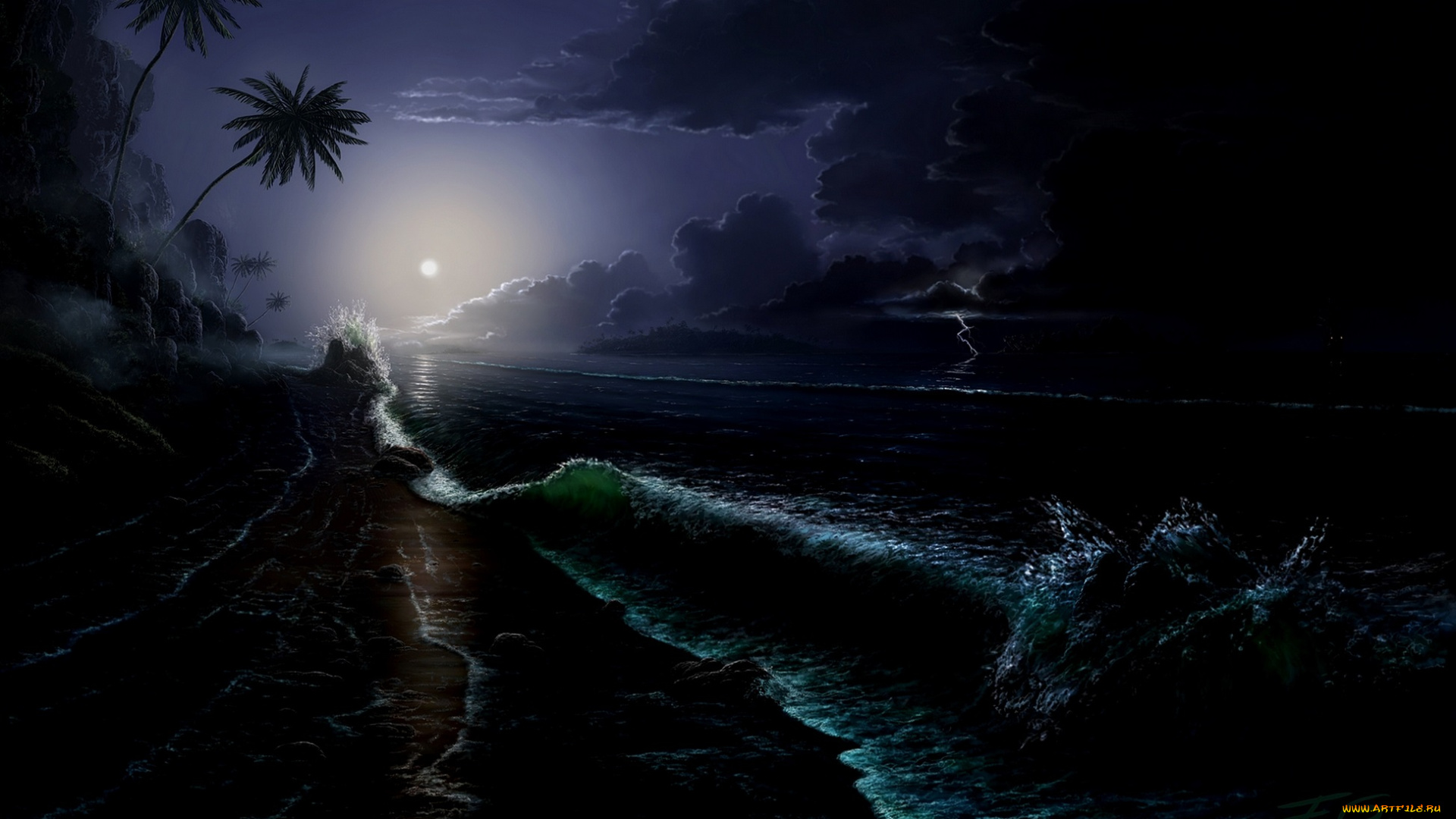 рисованное, природа, луна, ночь, пейзаж, берег, волна, море
