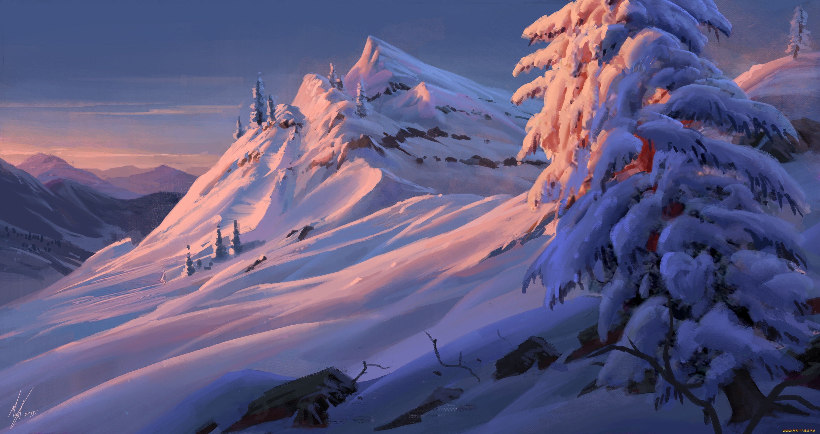 рисованное, природа, снег, горы, деревья