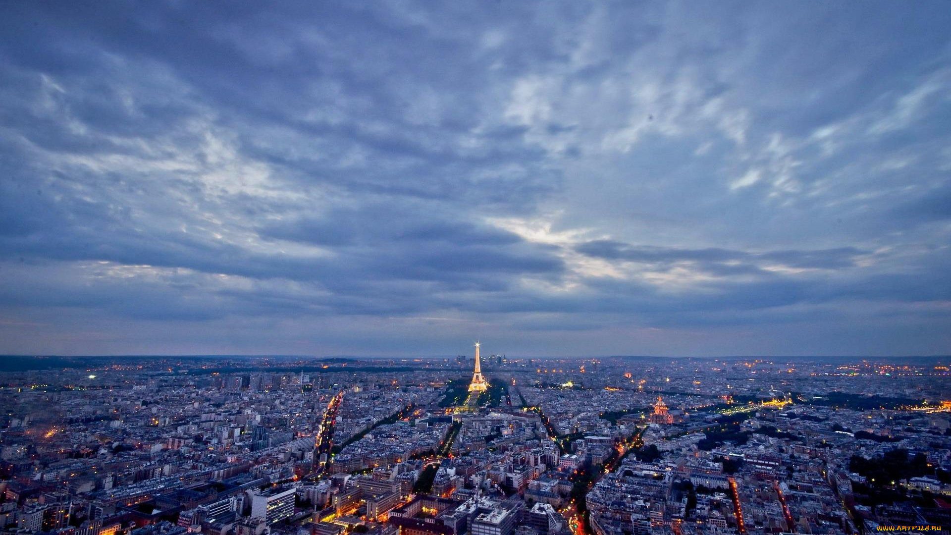 города, париж, , франция, панорама, город, дома, здания, улицы, башня, огни, тучи, вечер