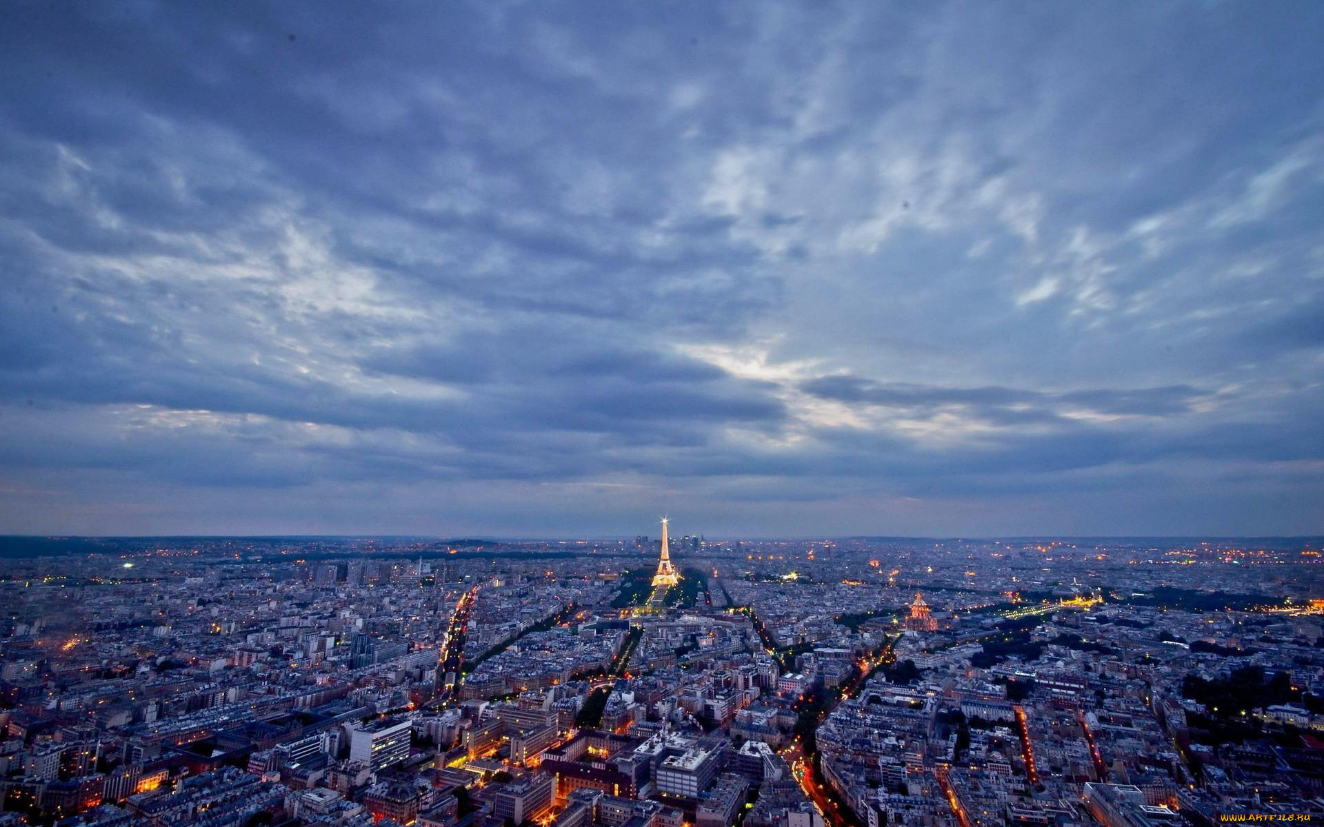 города, париж, , франция, панорама, город, дома, здания, улицы, башня, огни, тучи, вечер