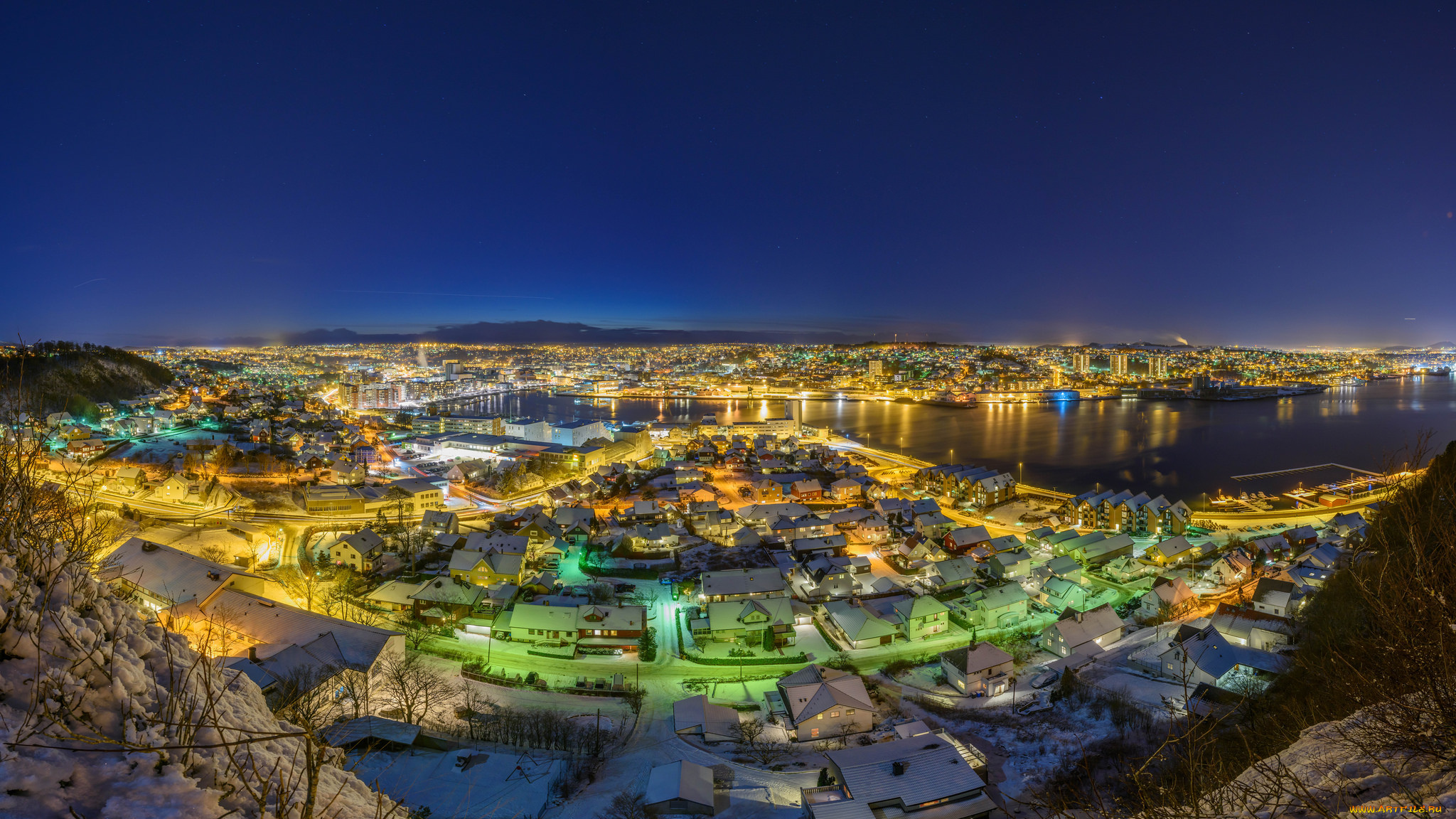 sandnes, city, города, -, панорамы, огни, бухта, утро