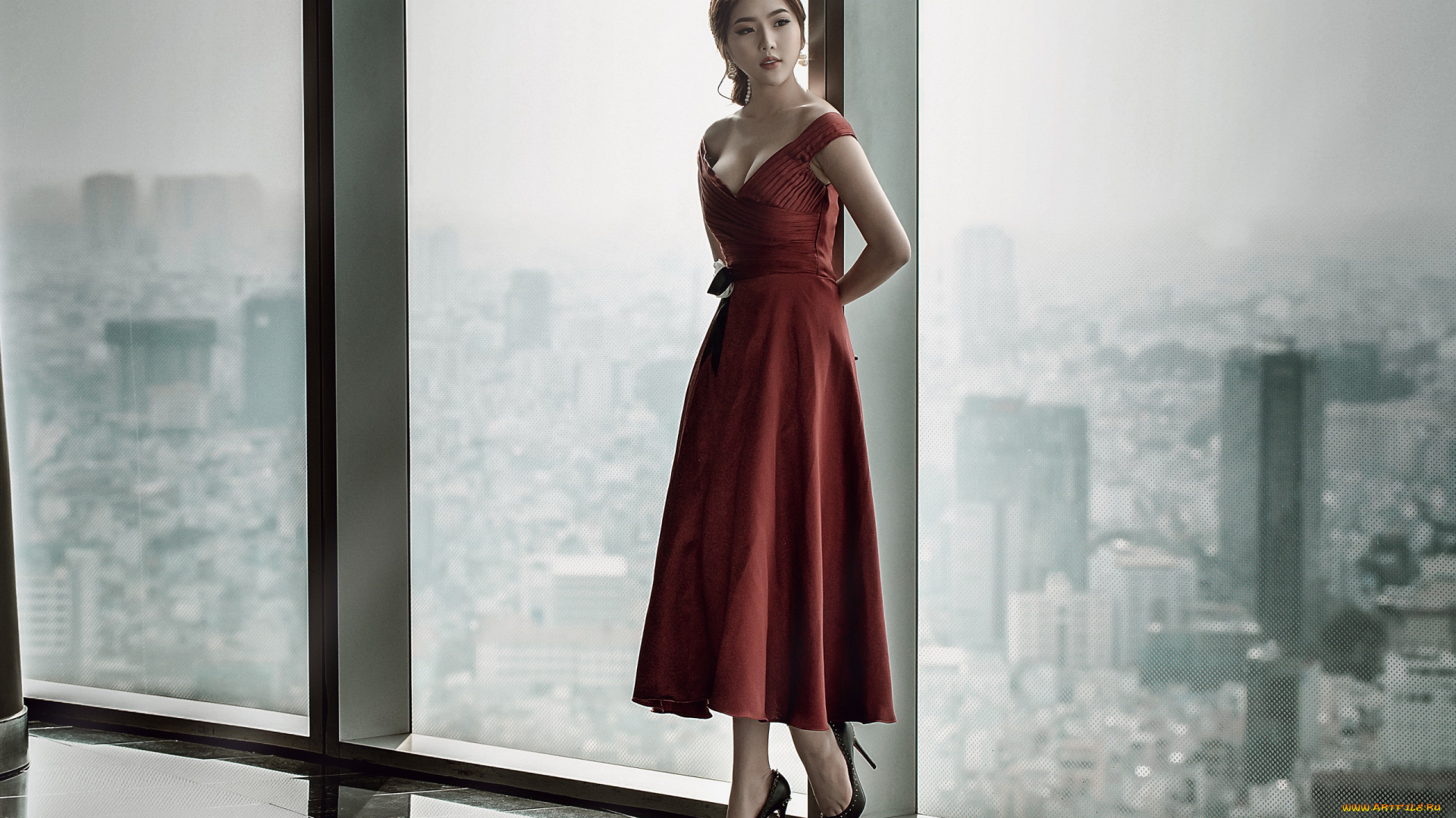 девушки, -unsort, , азиатки, model, red, dress, город, women, окно, asian