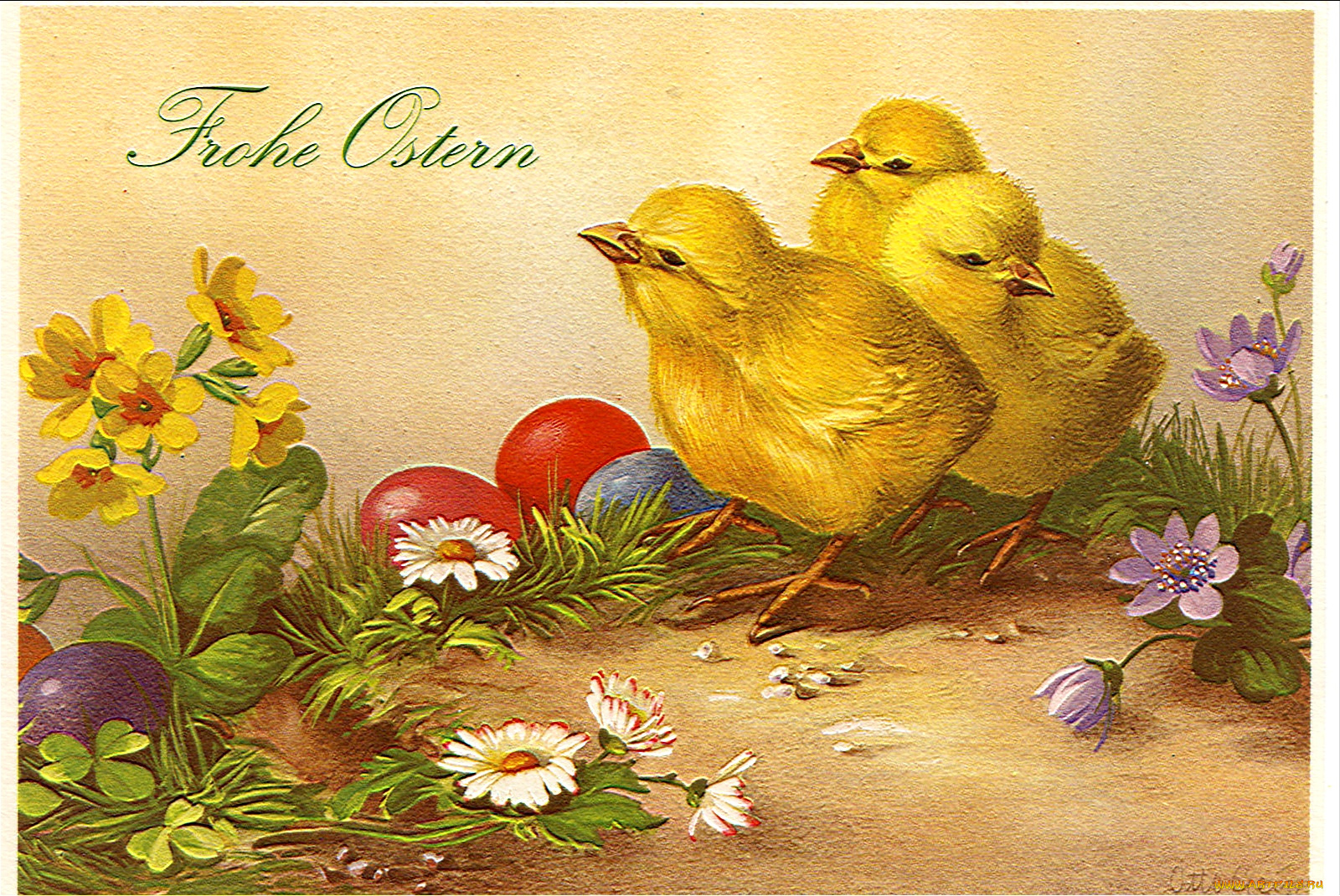 праздничные, пасха, открытка, цыплята, цветы, яйца