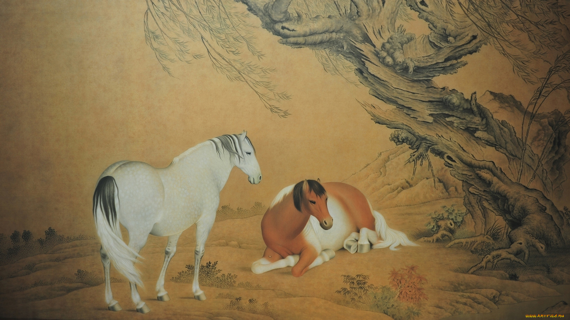 602281, рисованные, животные, лошади, дерево, природа, пара, китайская, живопись